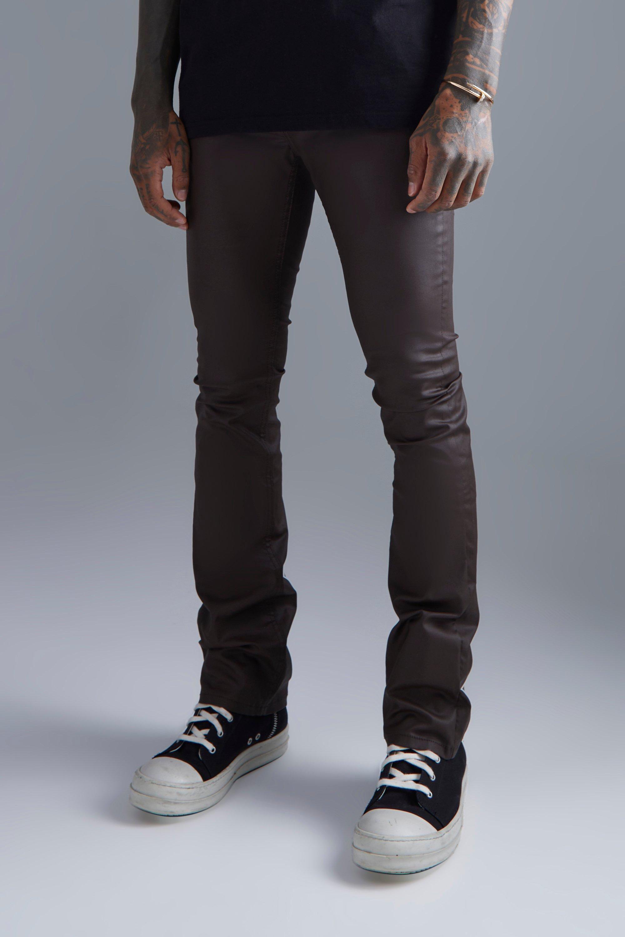 Mens Brown Skinny Flare Coated Jeans, Brown