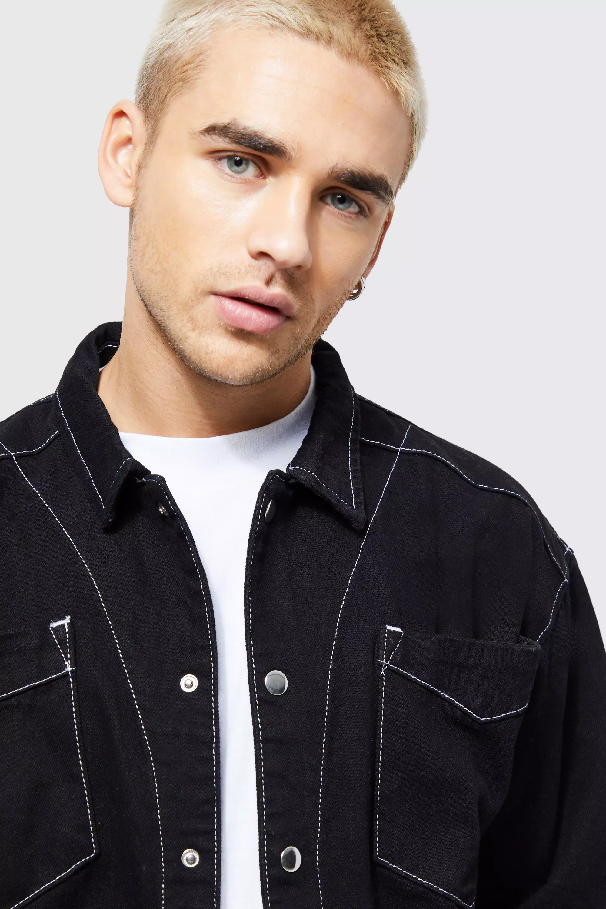 Oversized Boxy Contrast Stitch Denim Shirt | boohooMAN USA