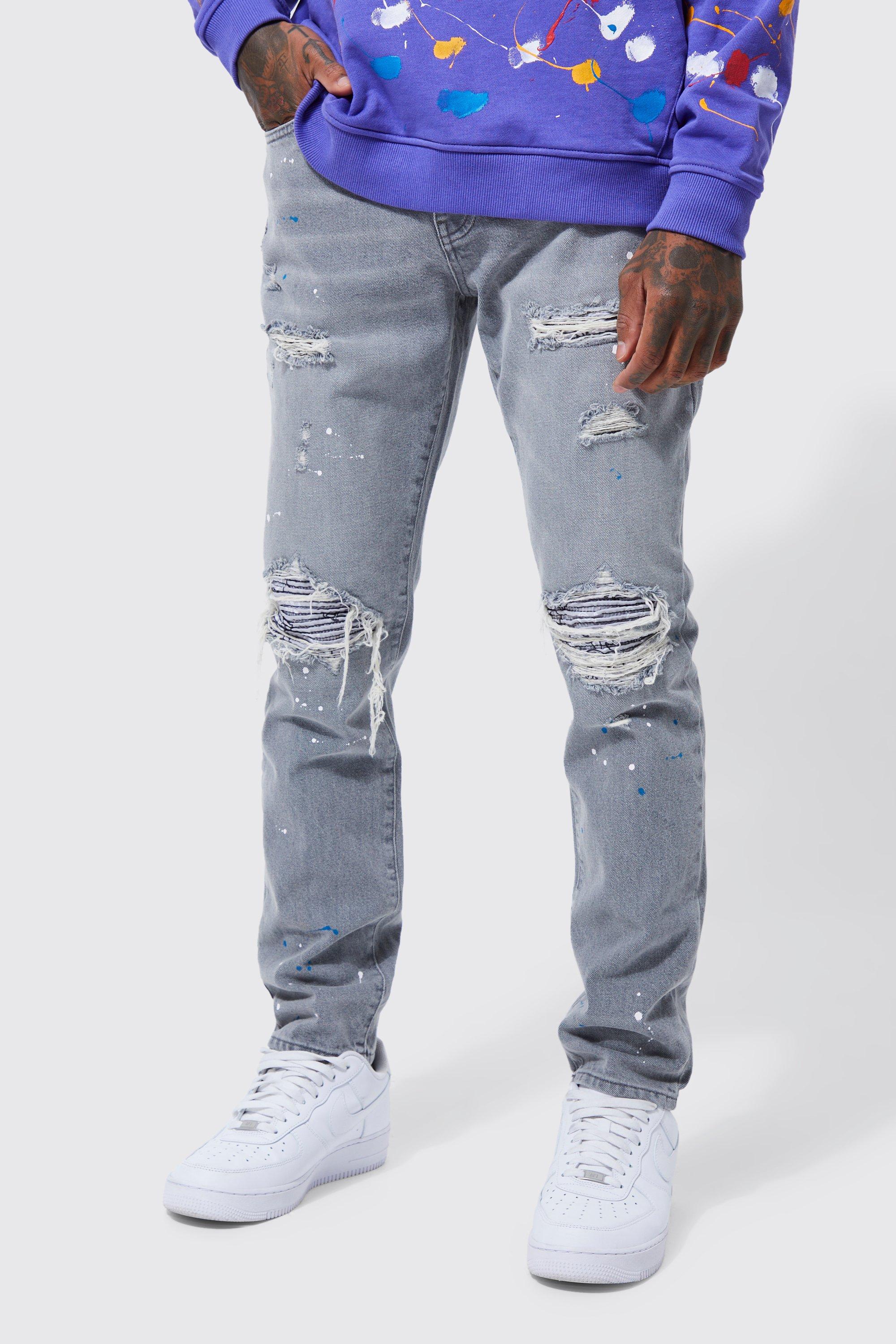 Image of Jeans Slim Fit con schizzi di colore e strappi & rattoppi, Grigio