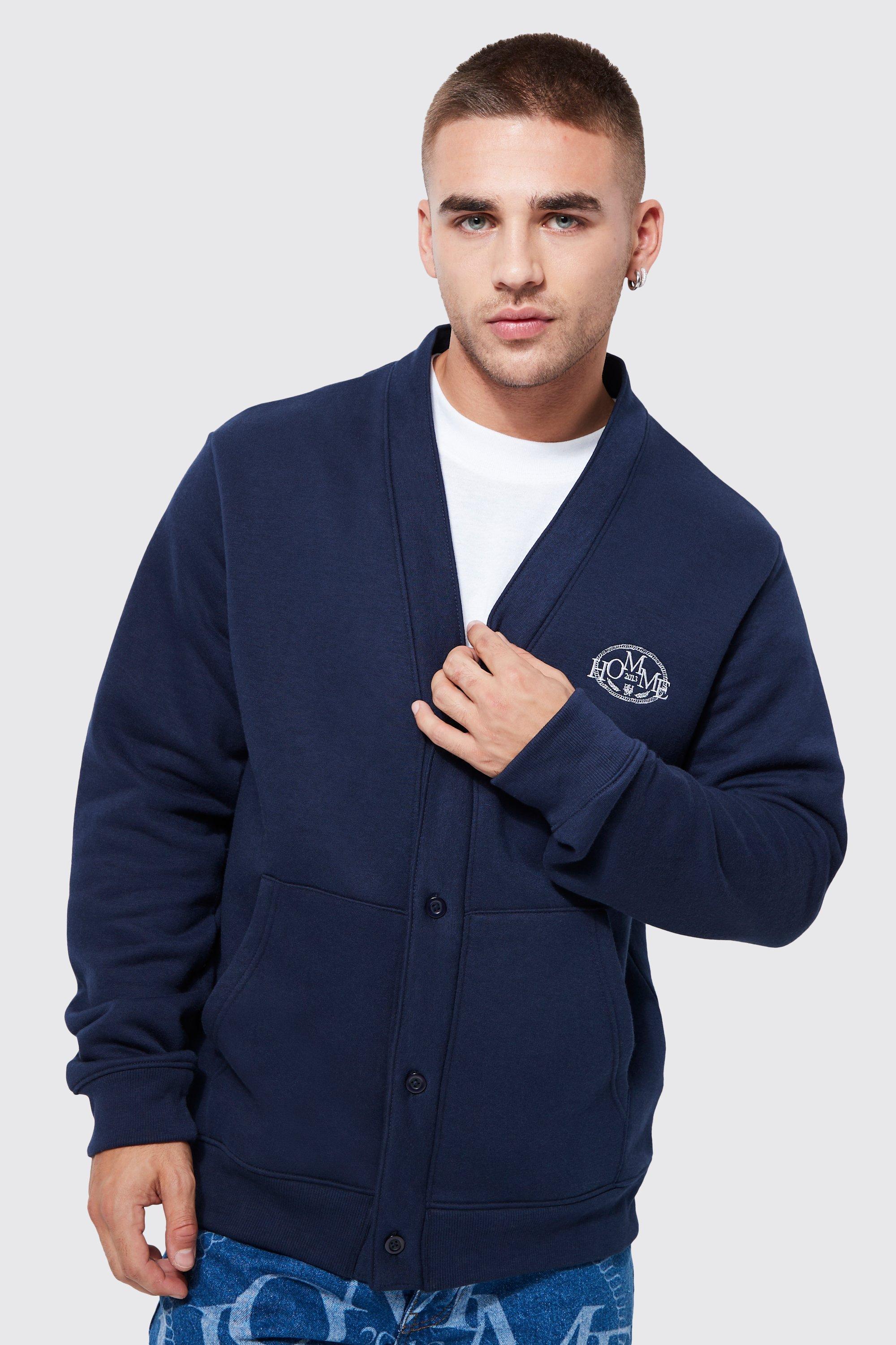 Mens Navy Embroidered Chest Badge Cardigan, Navy