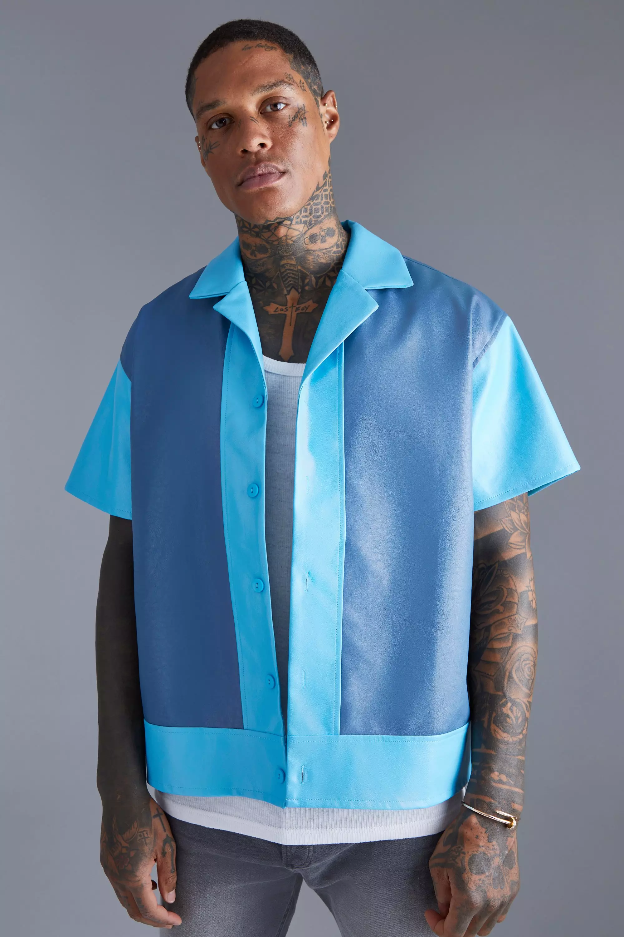 Short Sleeve Pu Boxy Border Shirt | boohooMAN USA