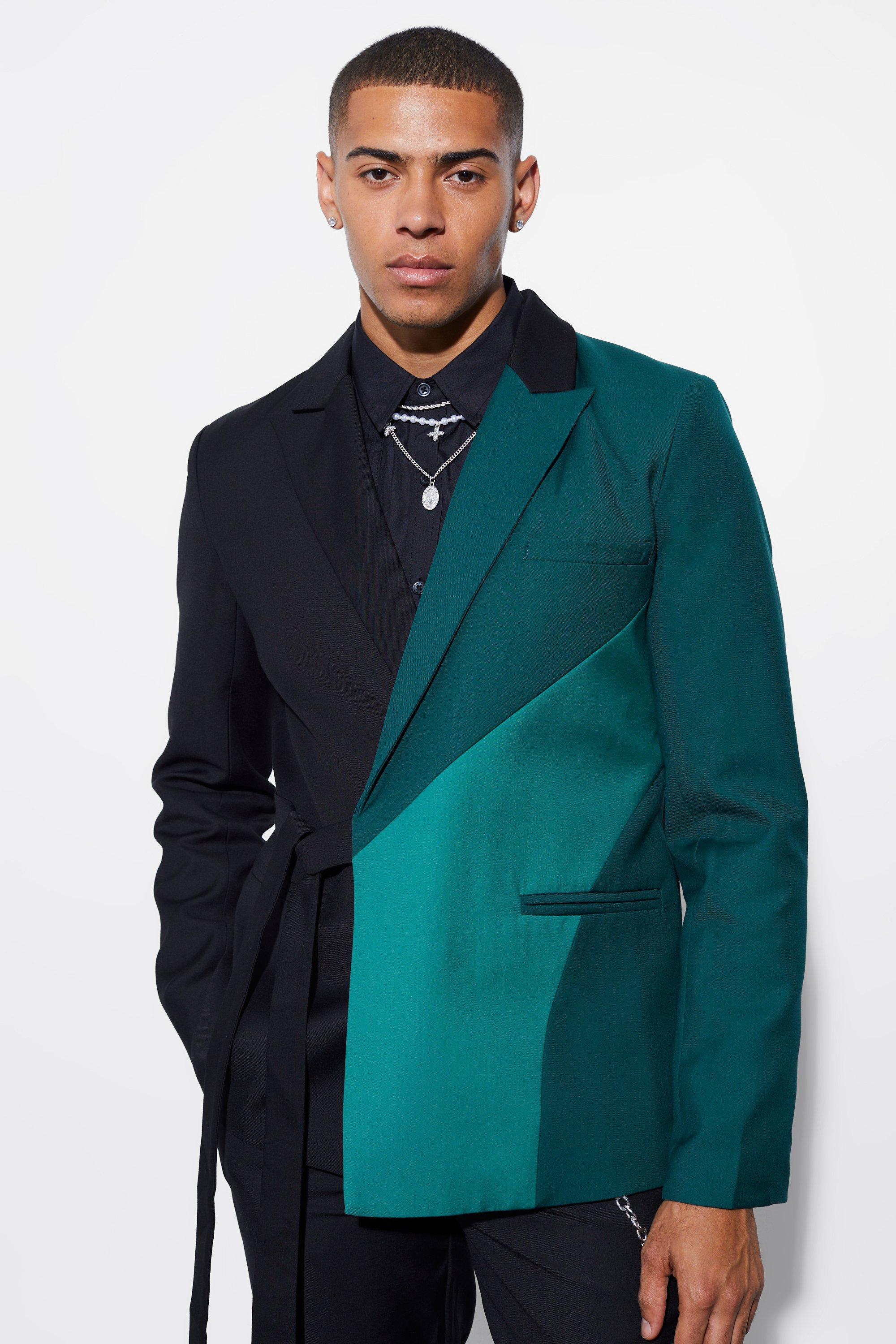 Mens Green Slim Wrap Panel Suit Jacket, Green