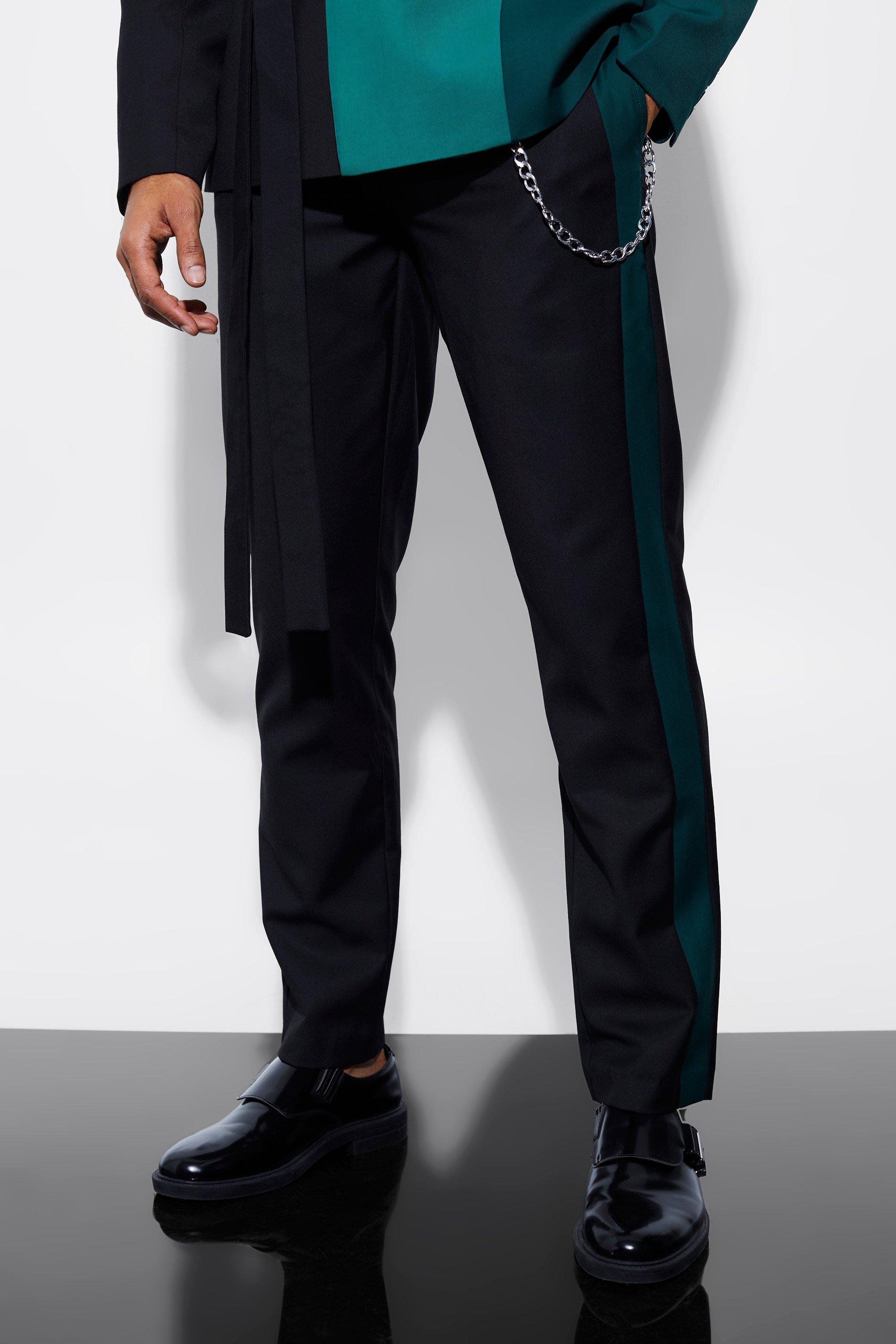 Mens Green Slim Side Panel Suit Trousers, Green