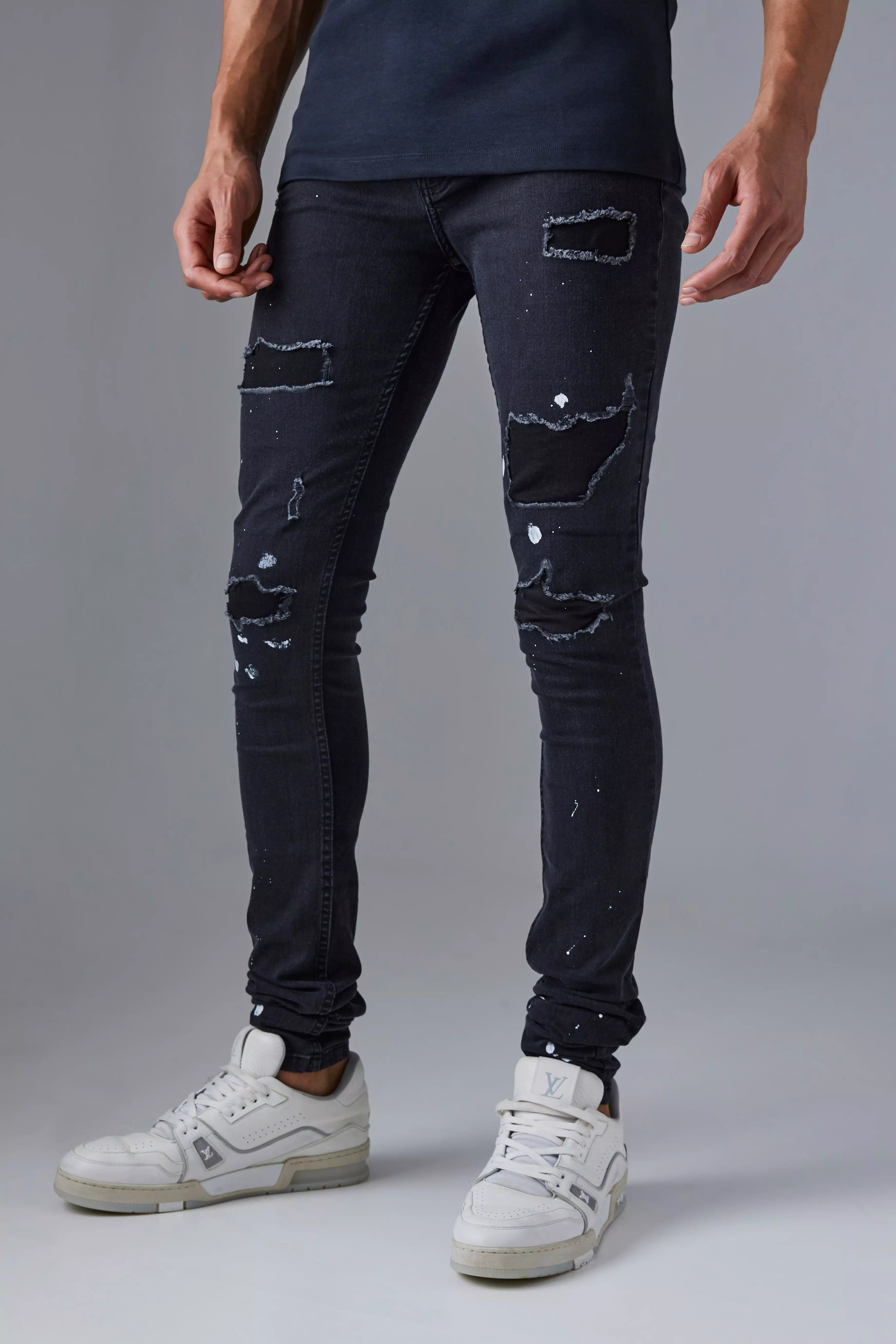 Tall Super Skinny Ripped Paint Splatter Jeans