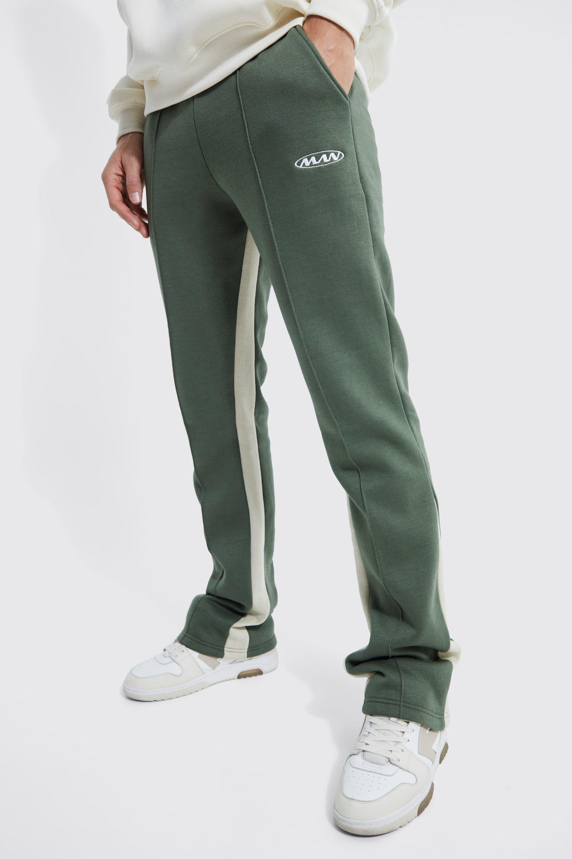 Mens Green Tall Stacked Flare Contrast Gusset Jogger, Green