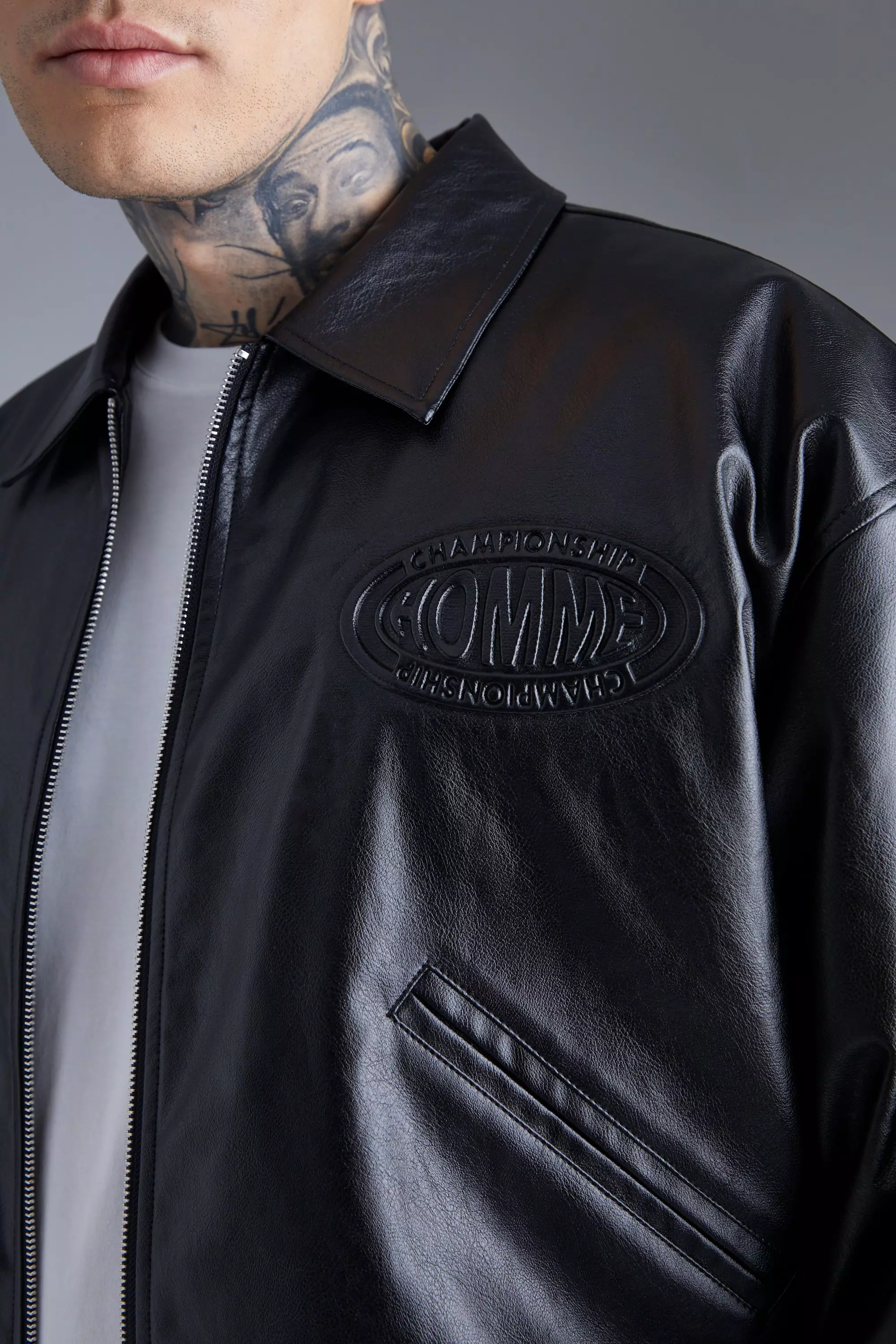 Boxy Embossed Pu Varsity Jacket | boohooMAN USA