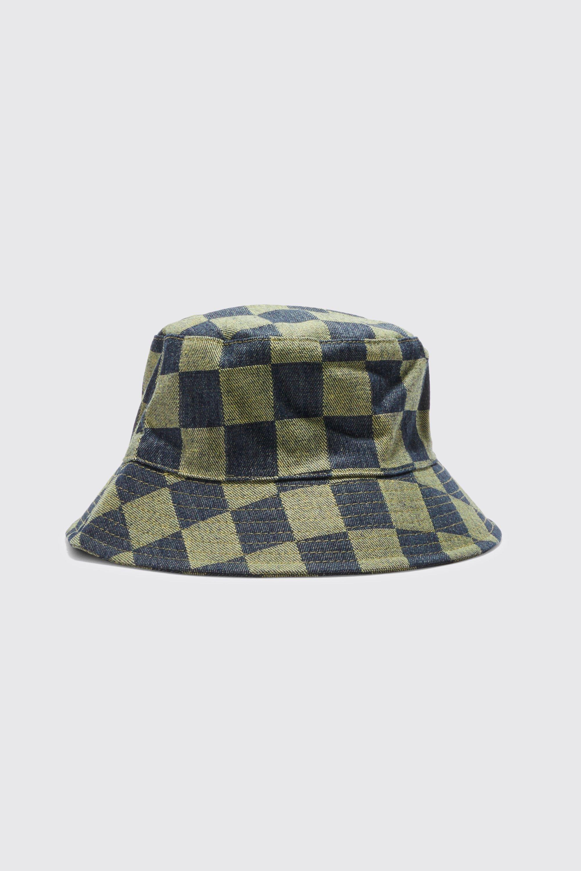 Mens Green Checkerboard Denim Bucket Hat, Green