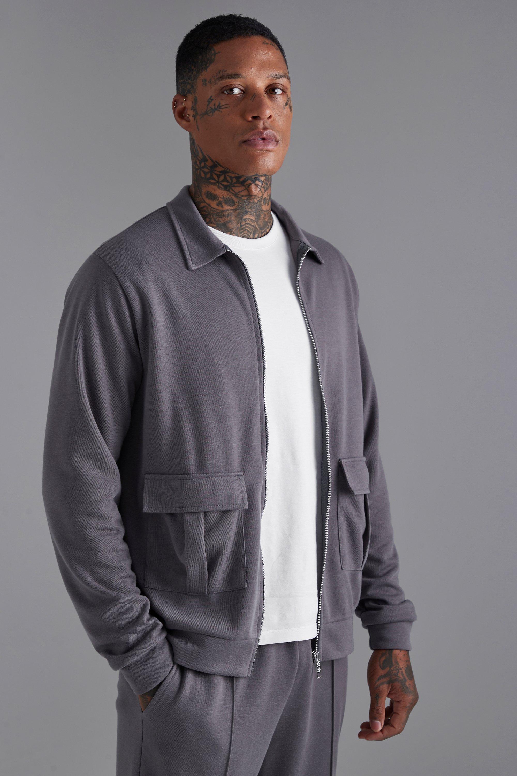 Mens Grey Interlock Cargo Pocket Jacket, Grey