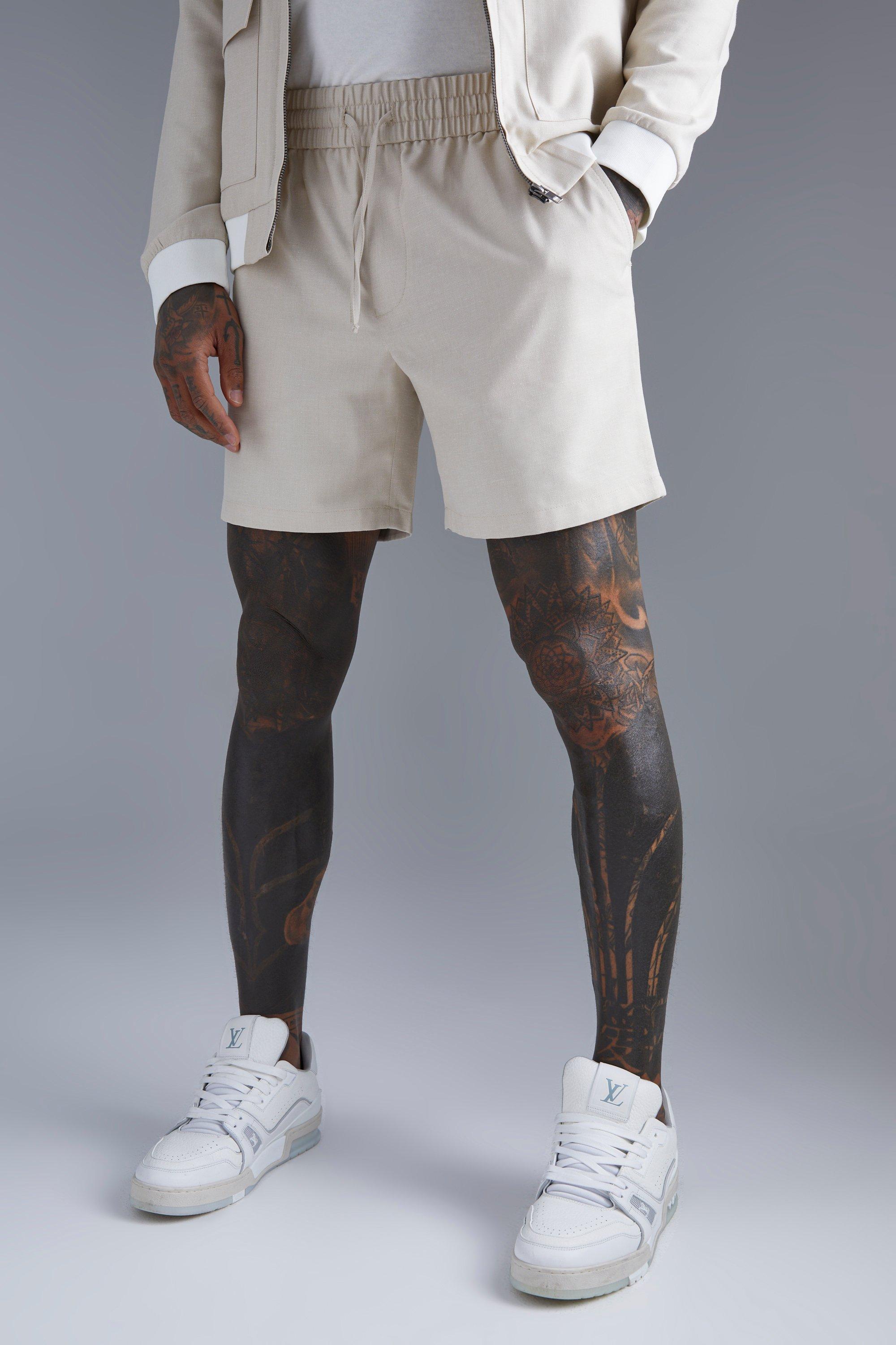 Mens Beige Elasticated Linen Shorts, Beige
