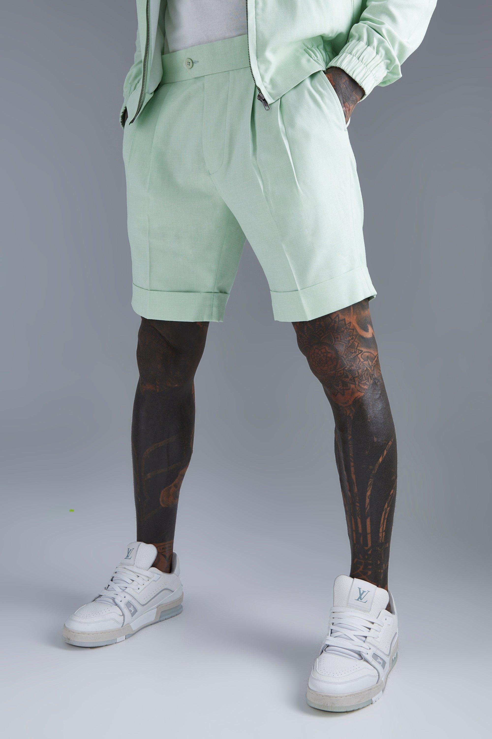 Mens Green Linen Smart Pleat Front Short, Green