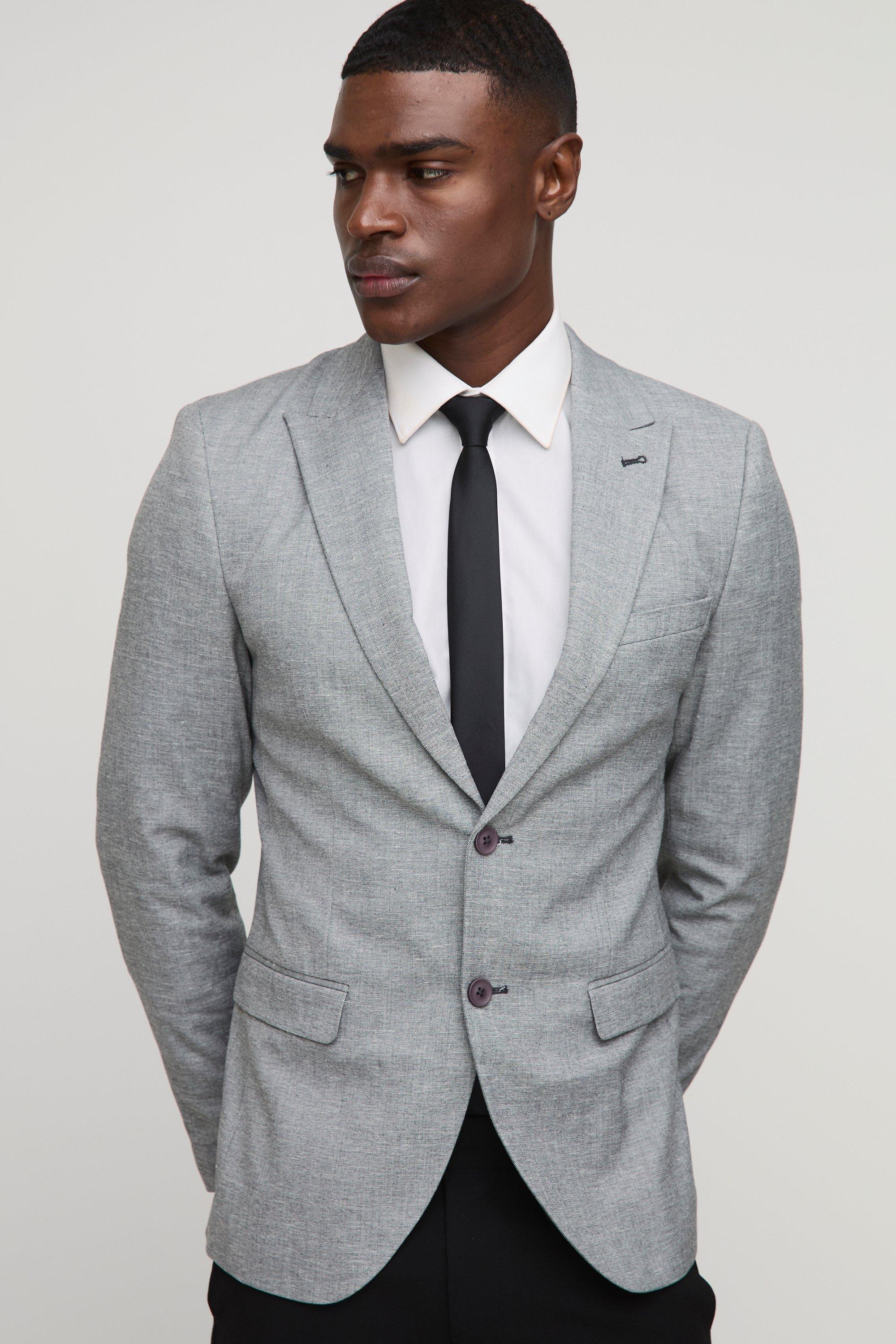 Giacca completo a monopetto Skinny Fit in lino, Grigio
