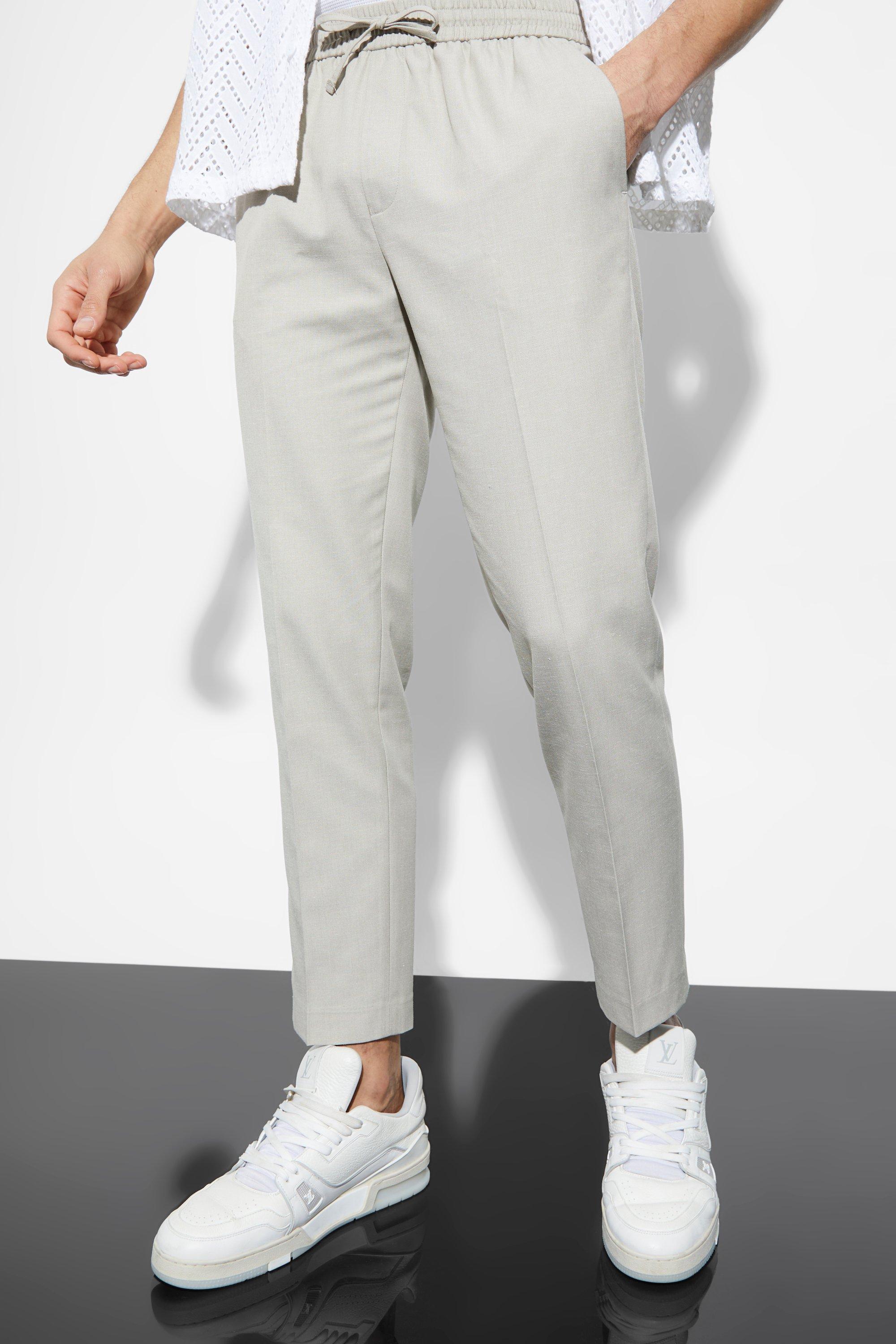 Mens Beige Elasticated Slim Crop Linen Trousers, Beige