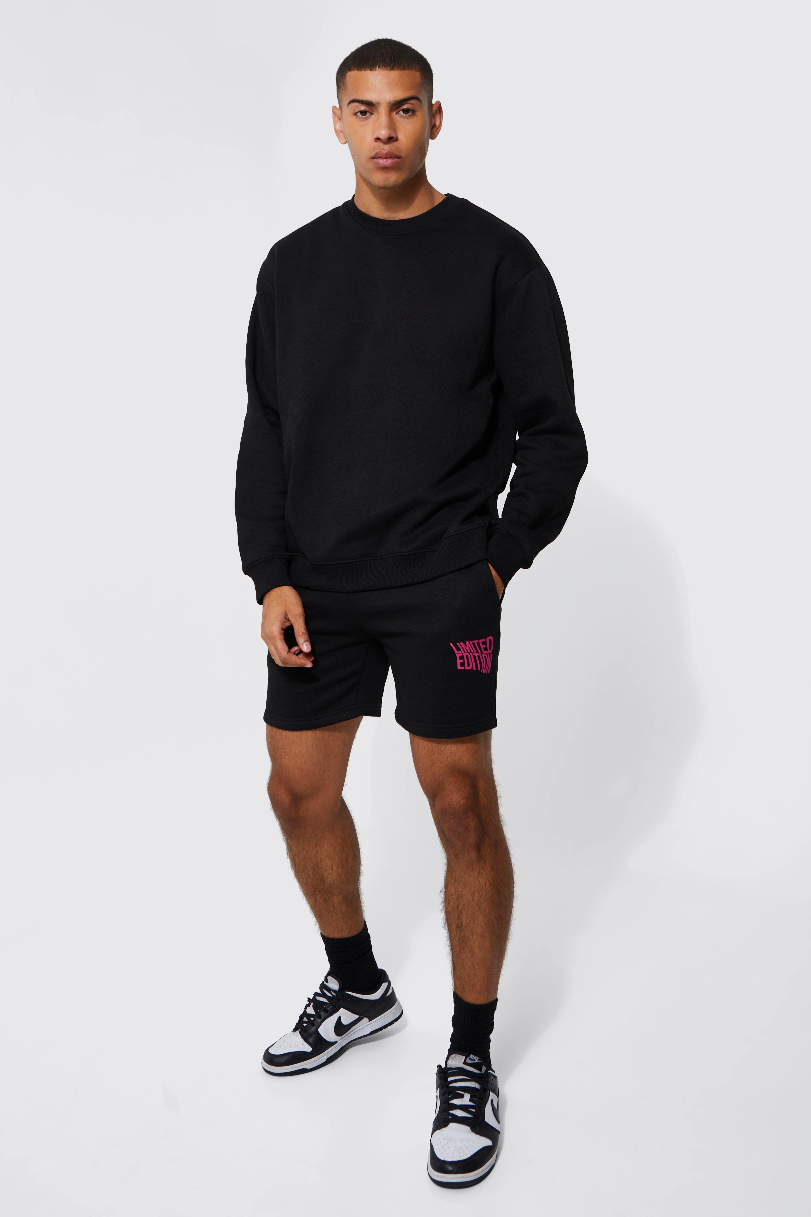 Men's Oversized Limited Split Hem Short Sweatshirt Tracksuit - Black - S, Black