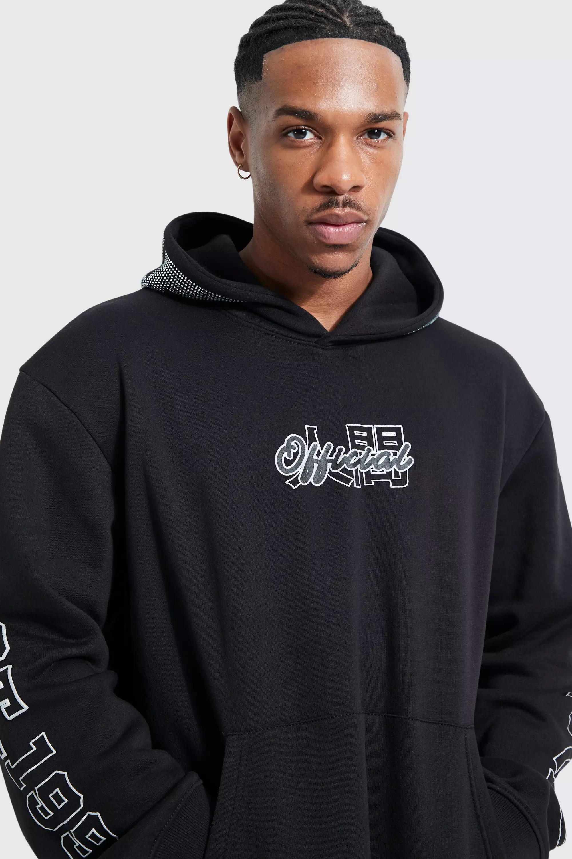 Oversized Rhinestone Graphic Hoodie | boohooMAN UK