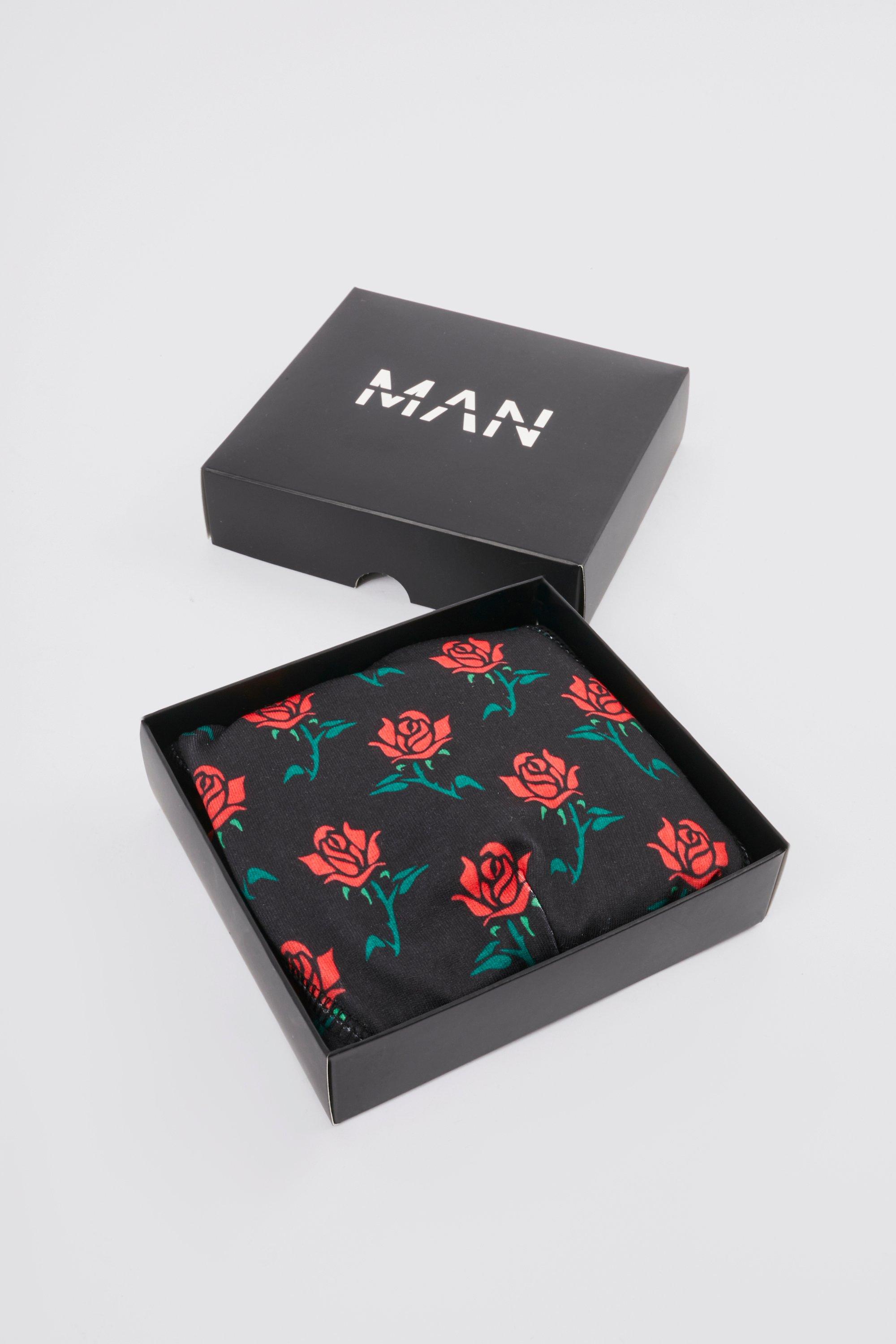 Mens Black Rose Printed Boxers In Gift Box, Black