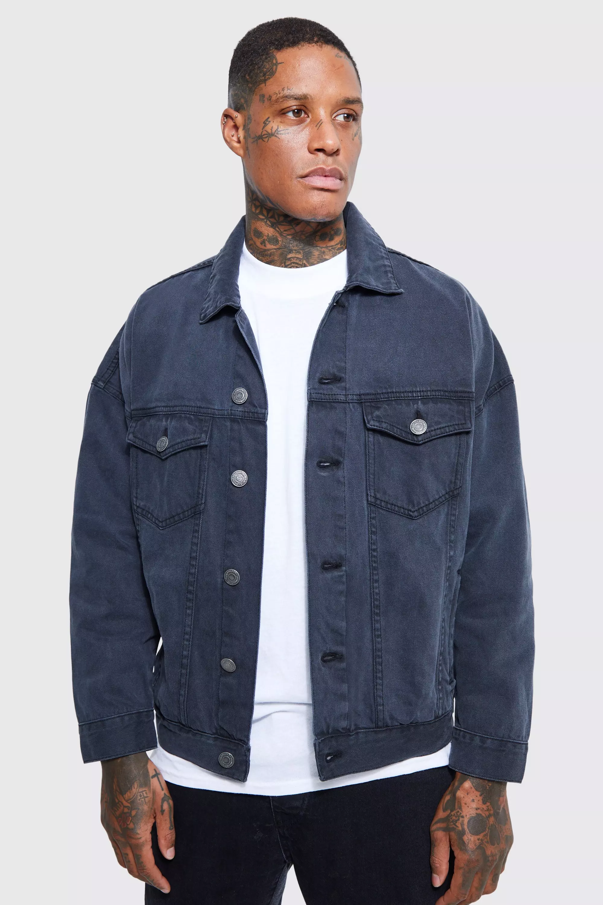 ASOS Denim Jacket With Patches & Borg Collar In Blue Wash