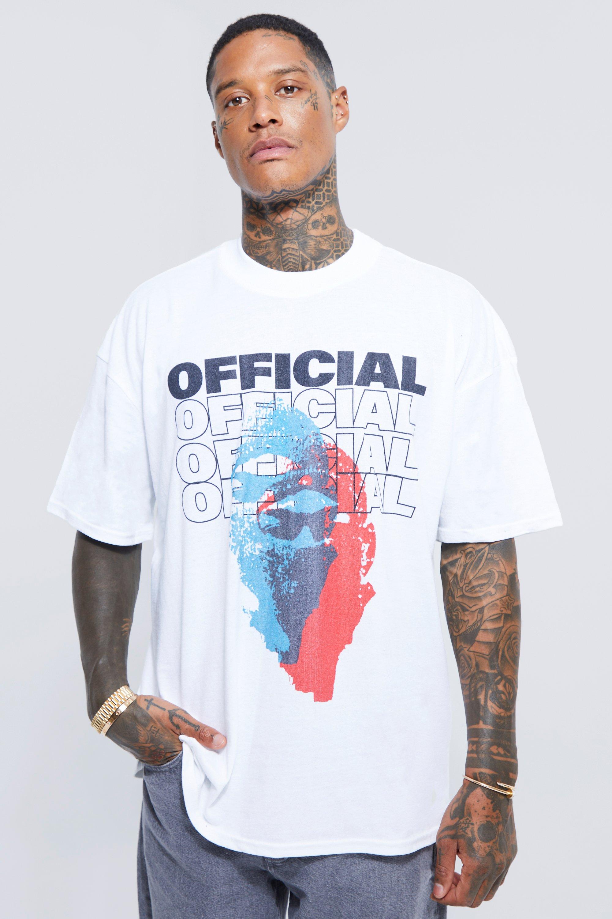Mens White Oversized Extended Neck Print T-shirt, White