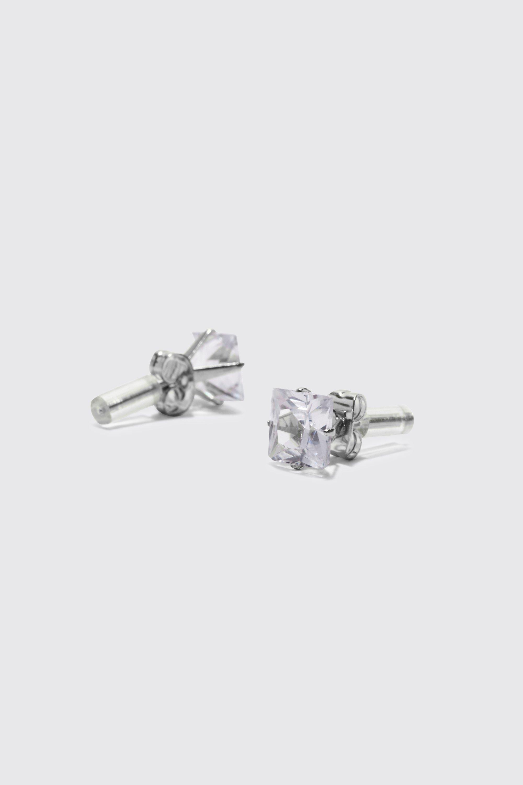 Mens Grey 8mm Square Stud Diamante Earrings, Grey