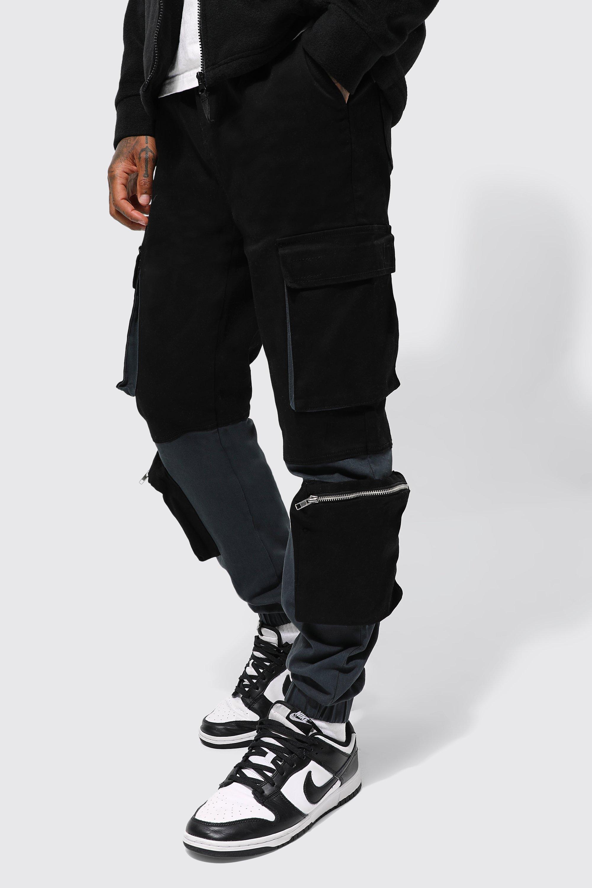 Mens Black Elastic Waist Slim Tonal Panel Cargo Trouser, Black