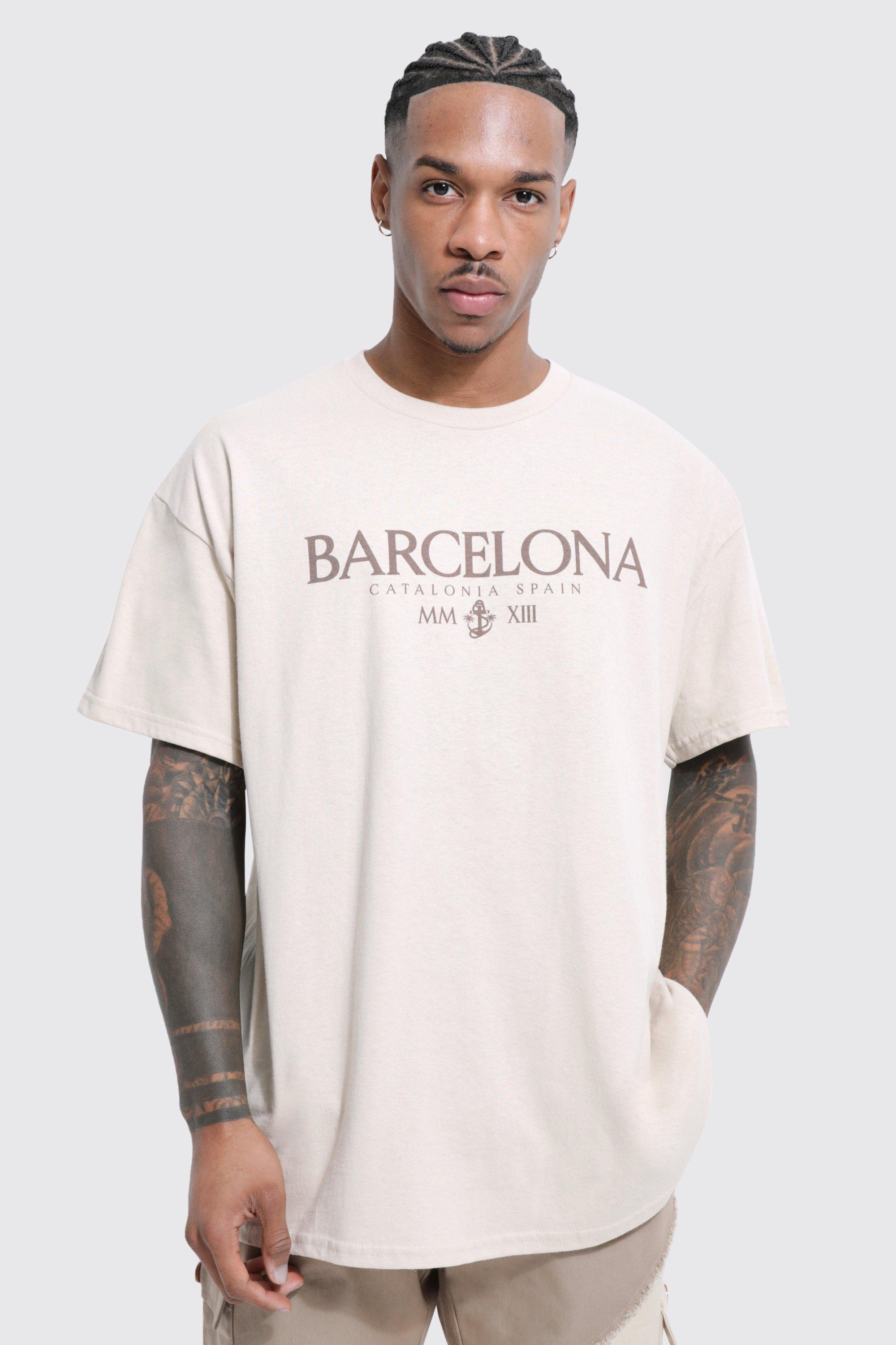 Mens Beige Oversized Barcelona Print T-shirt, Beige
