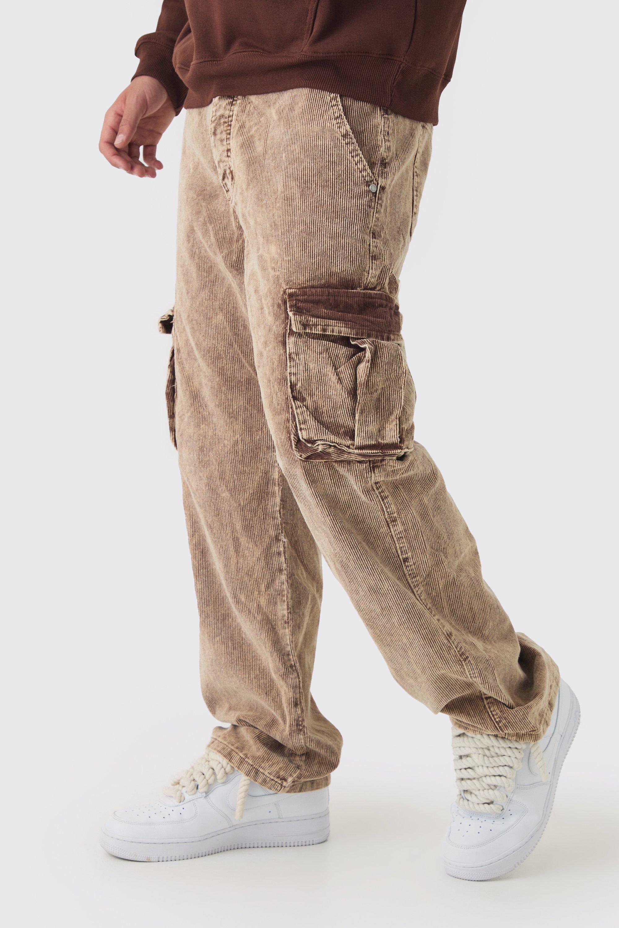 Mens Brown Acid Wash Cord Relaxed Fit Cargo Trousers, Brown