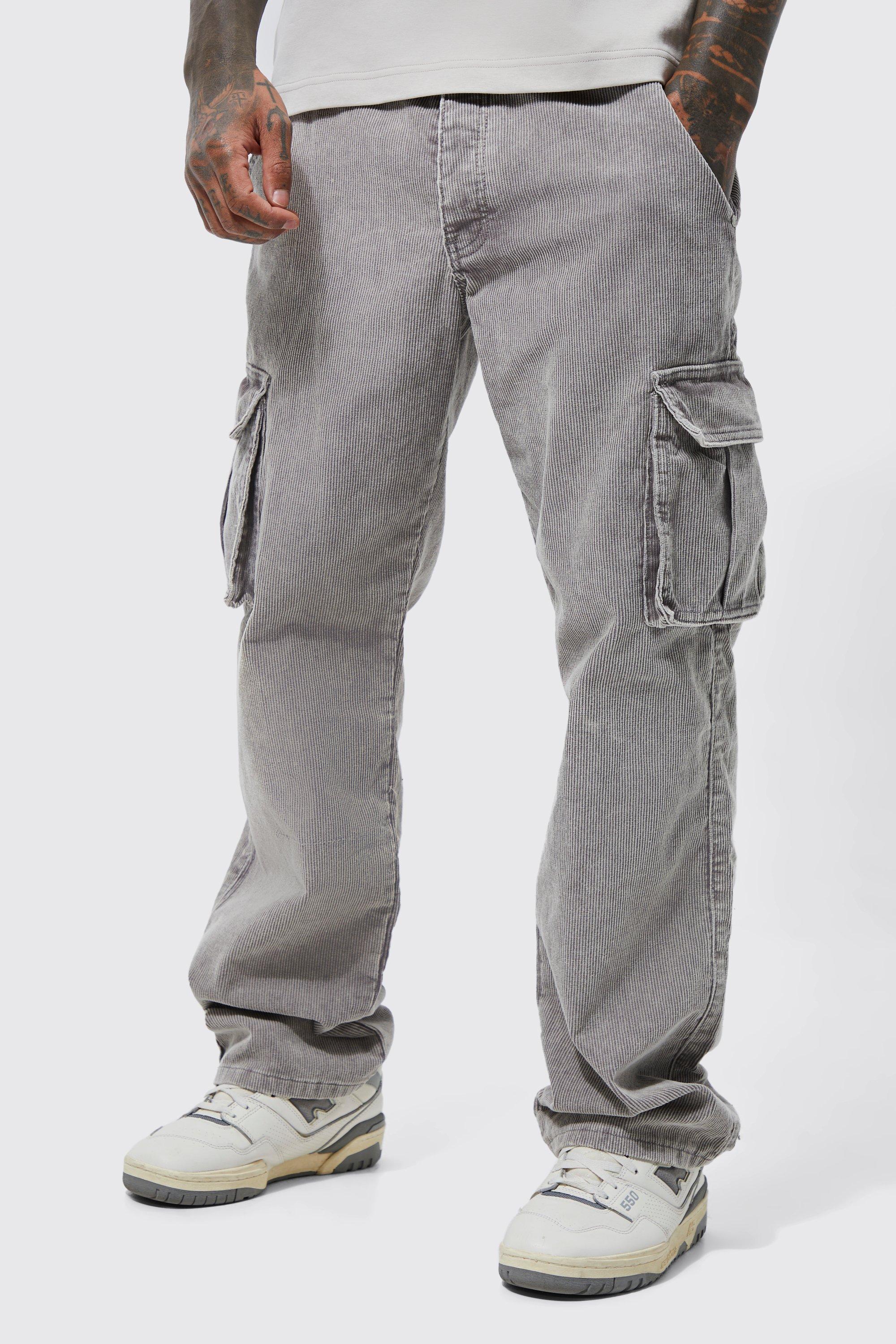 Mens Grey Acid Wash Relaxed Cord Cargo Trousers, Grey