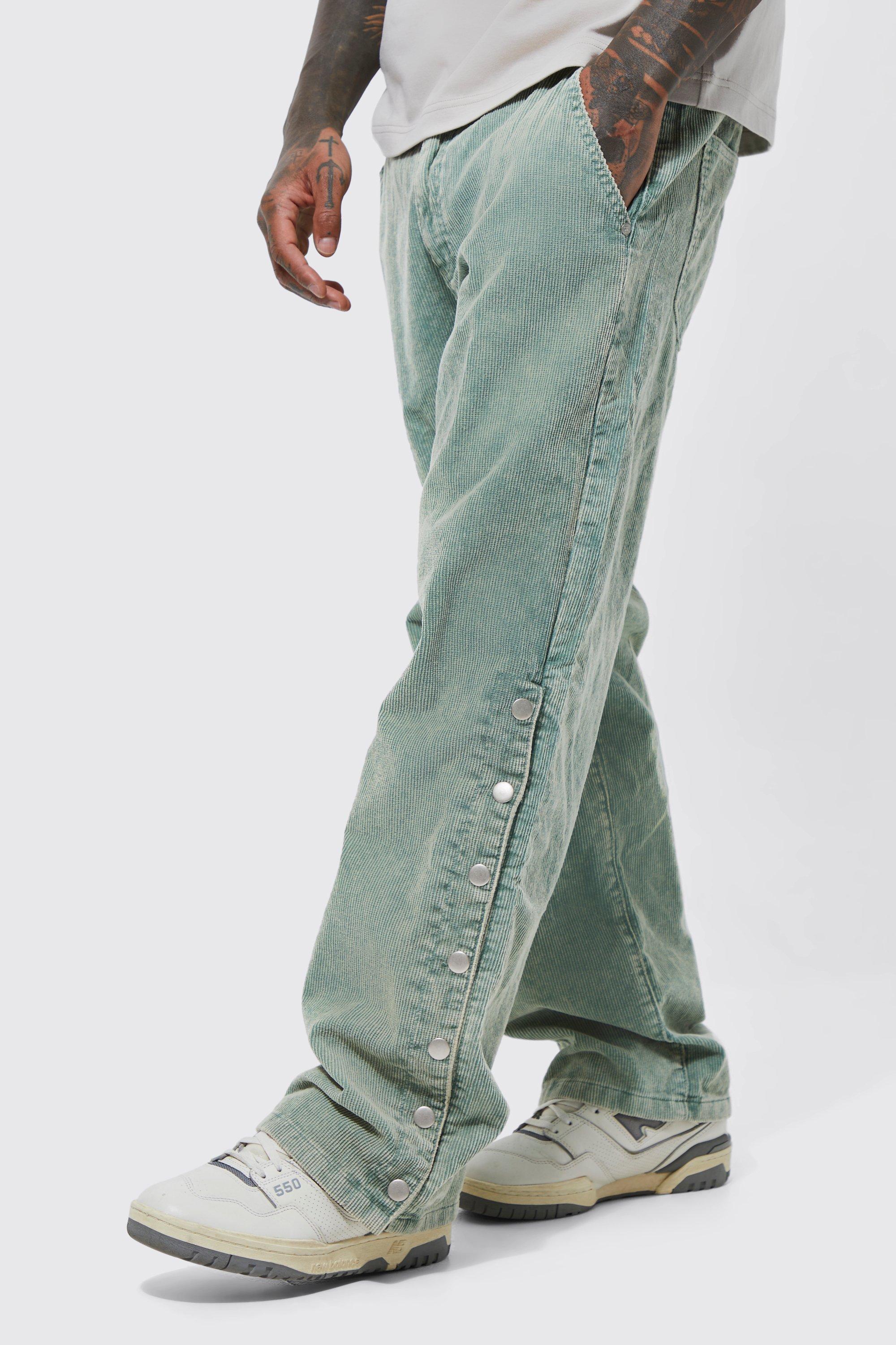 Mens Green Acid Wash Relaxed Fit Popper Corduroy Trousers, Green