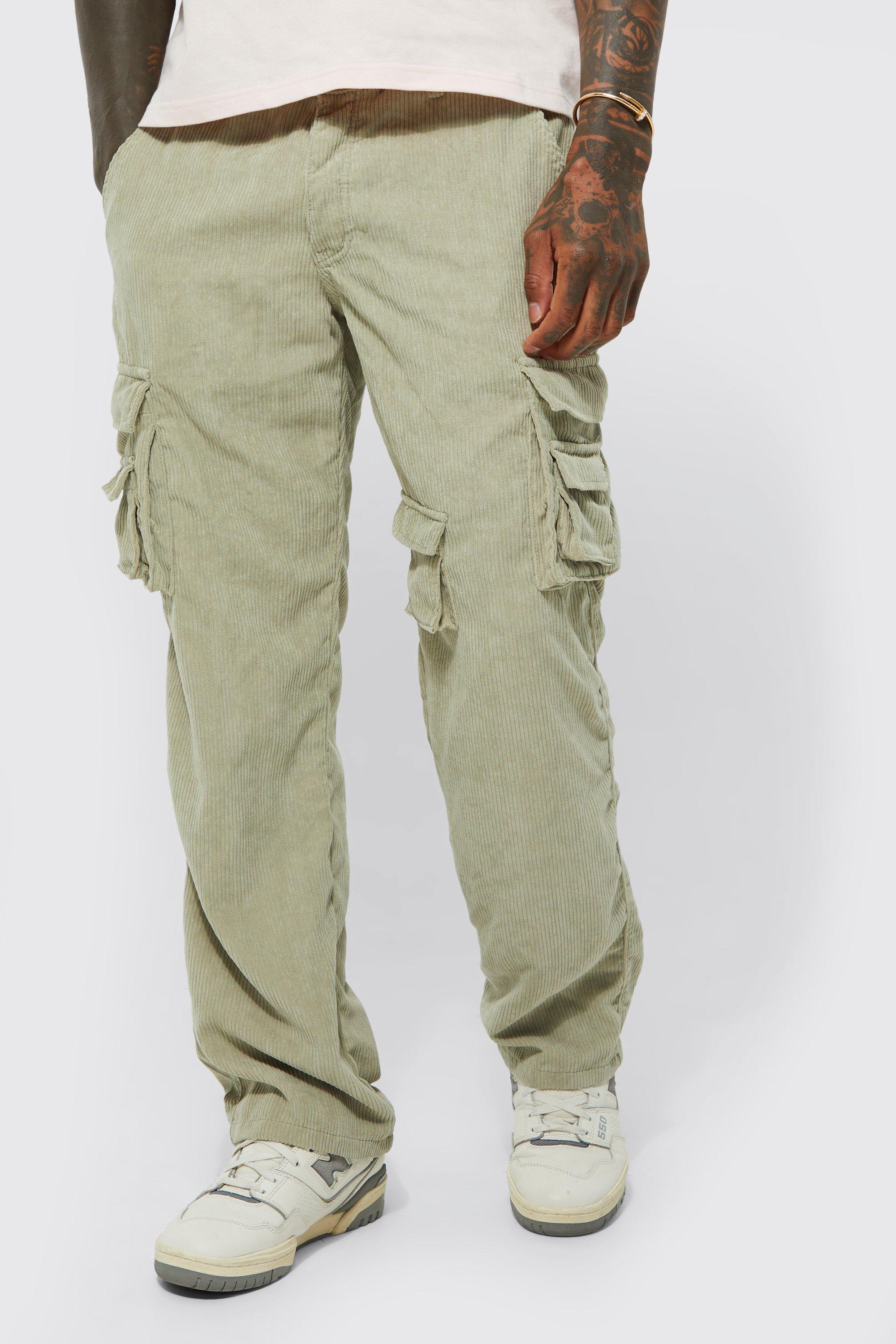Mens Green Relaxed Fit Multi Pocket Cord Cargo Trouser, Green