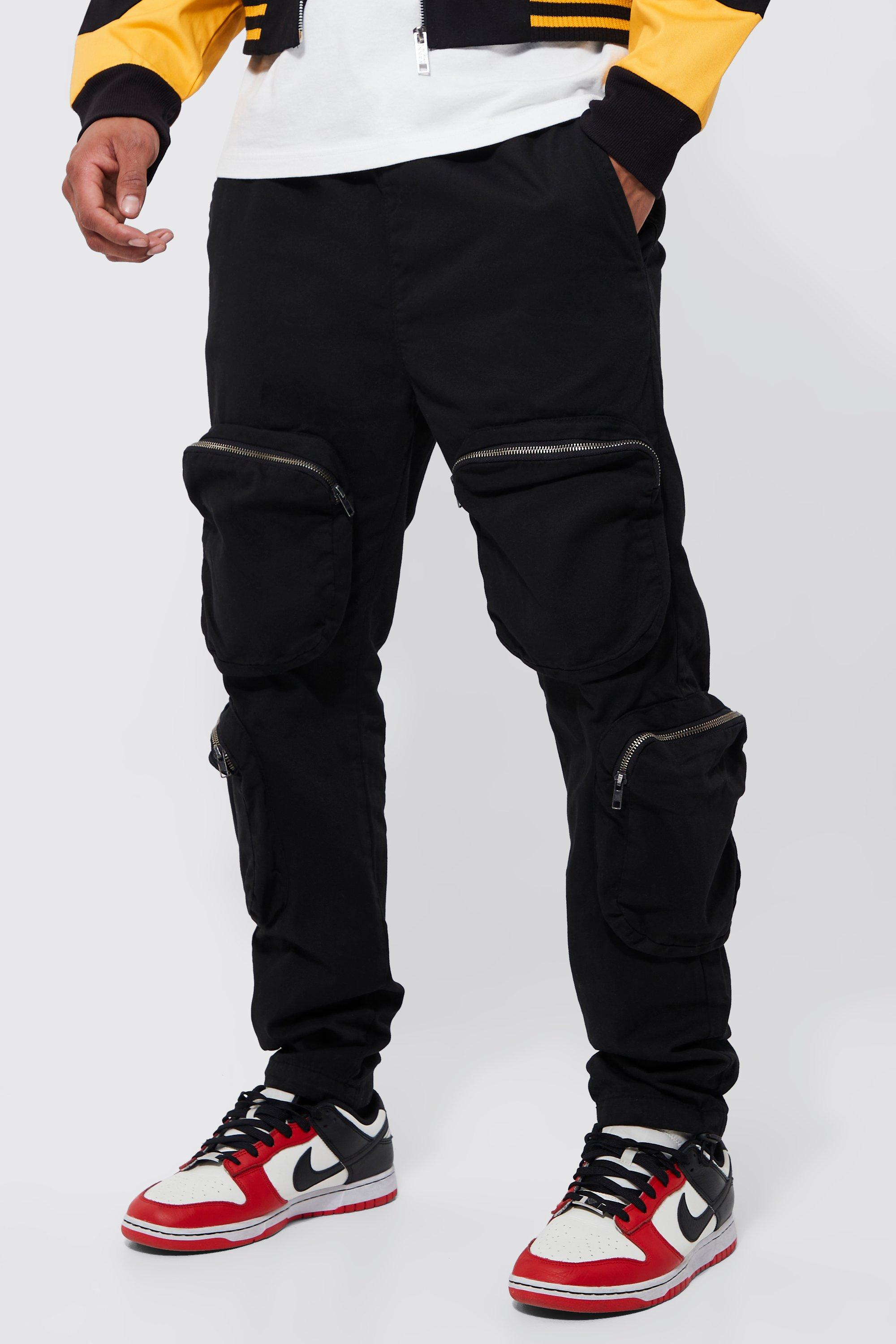 Mens Black Elastic Waist Slim 4 Zip Pocket Cargo trousers, Black