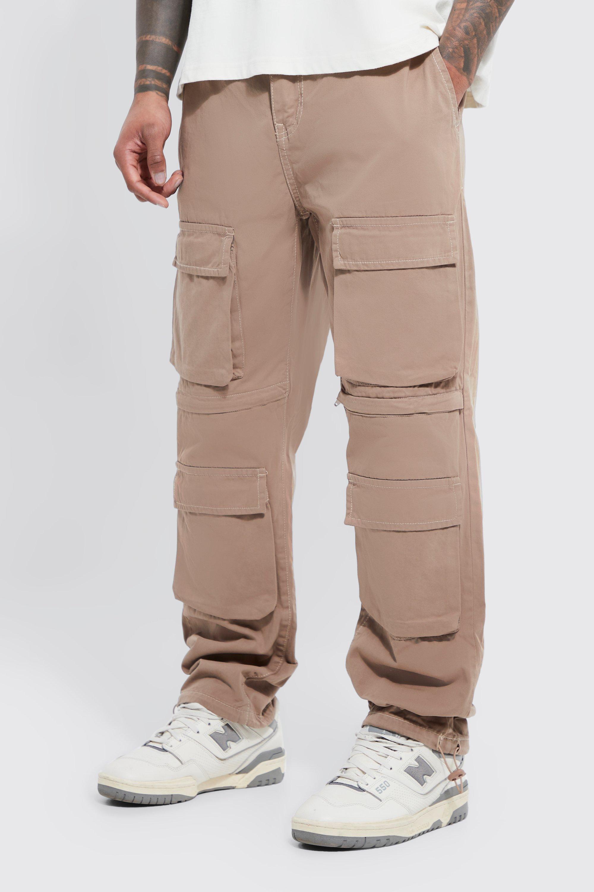 Mens Beige Elastic Waist Zip Detail Multi Pocket Straight Fit Cargo Trousers, Beige