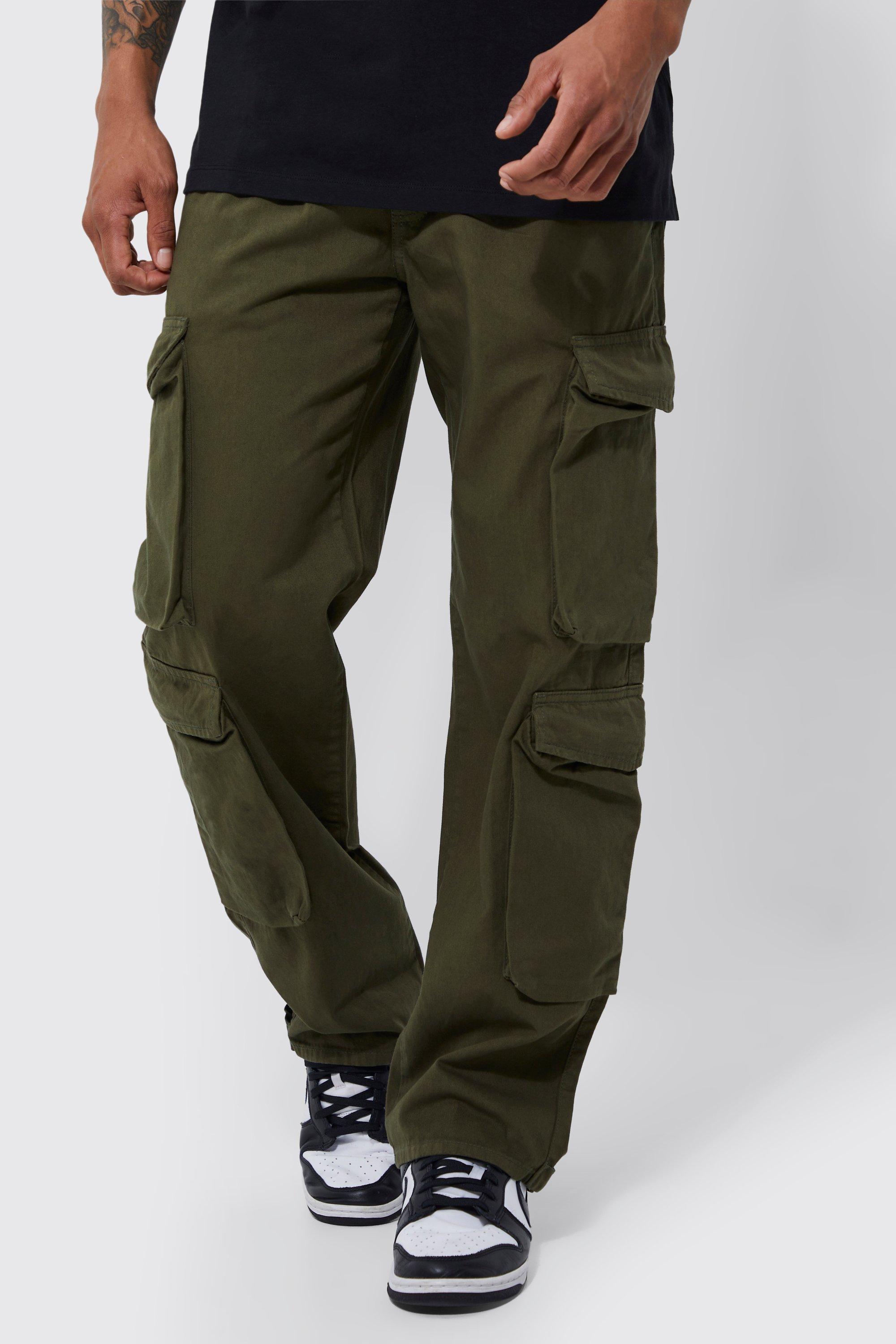 Mens Green Fixed Waist Relaxed Peached Twill 3d Cargo trousers, Green