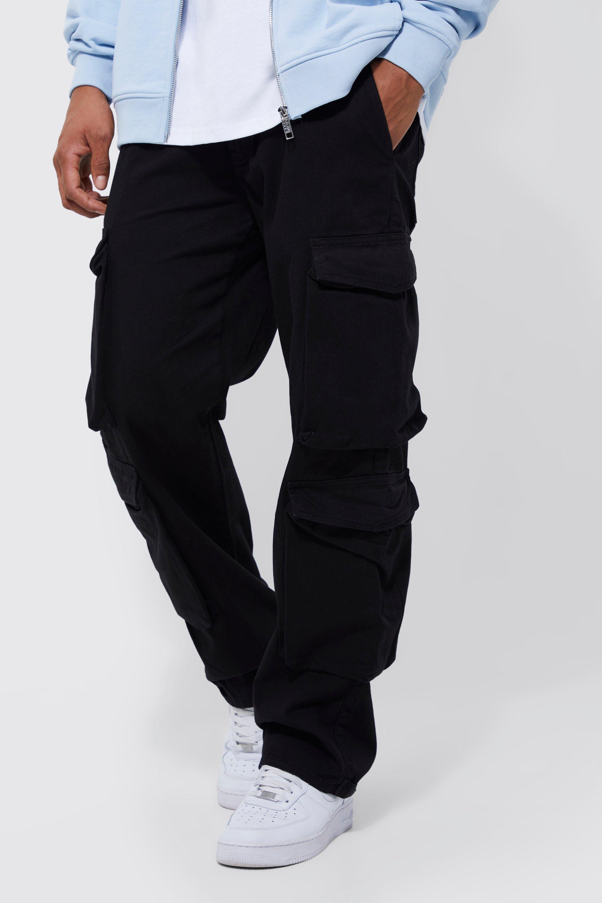 Mens Black Fixed Waist Relaxed Peached Twill 3d Multi Pocket Cargo trousers, Black