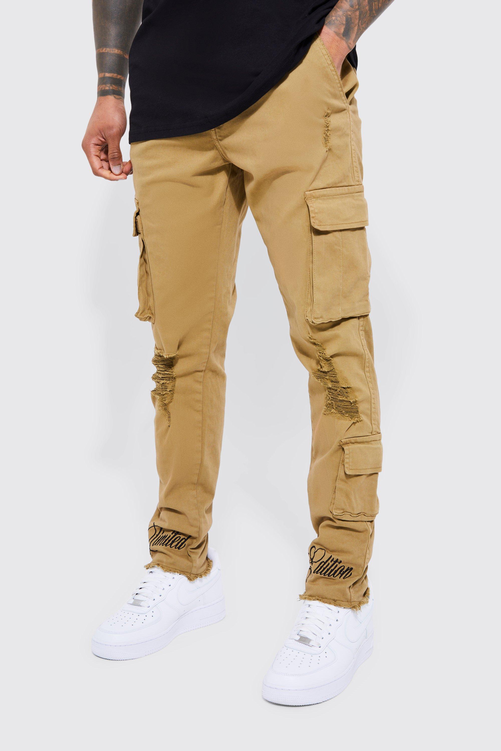 Mens Brown Fixed Waist Skinny Rip And Embroidered Cargo trousers, Brown