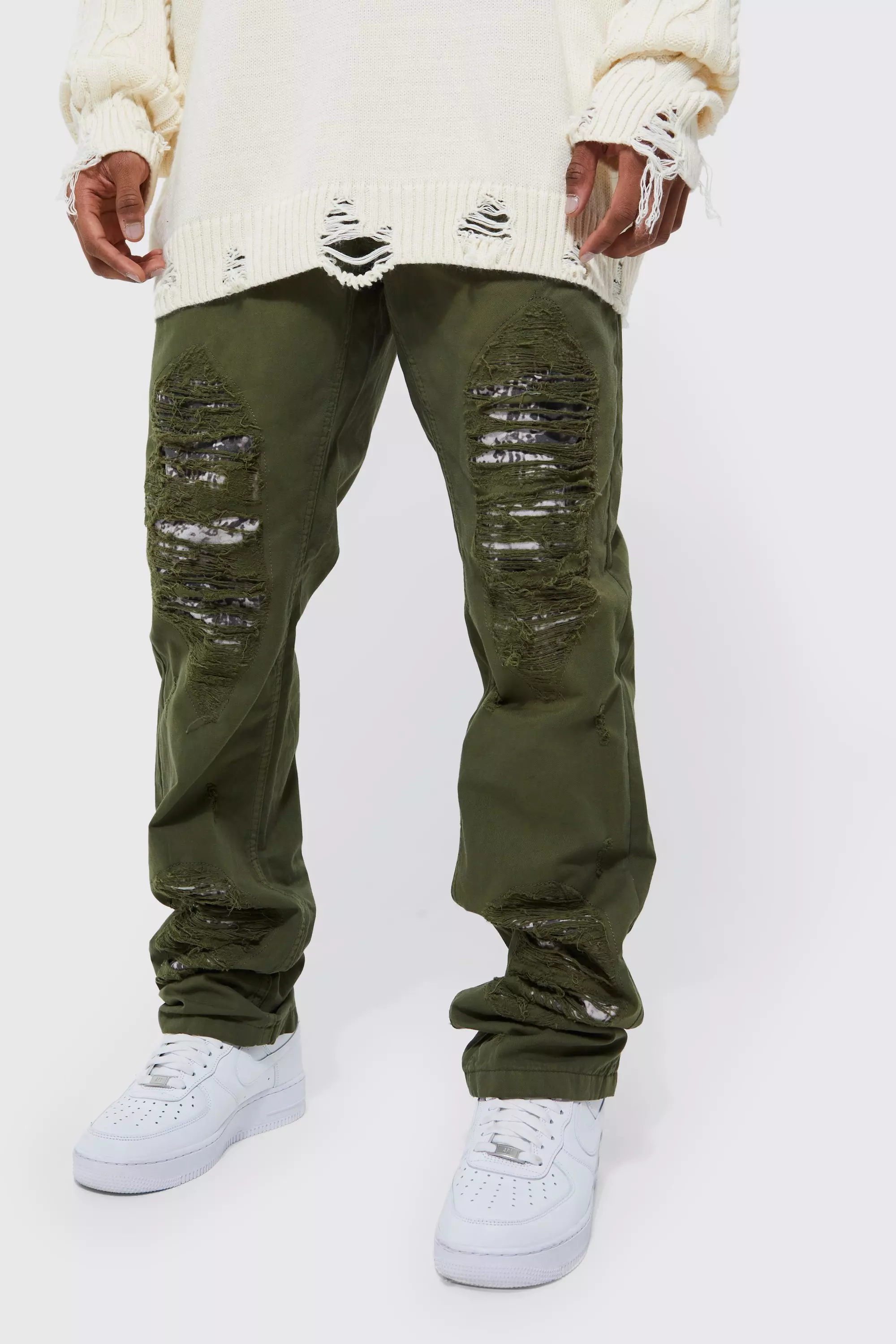 Fixed Waist Straight Stacked Camo Rip Cargo Pants