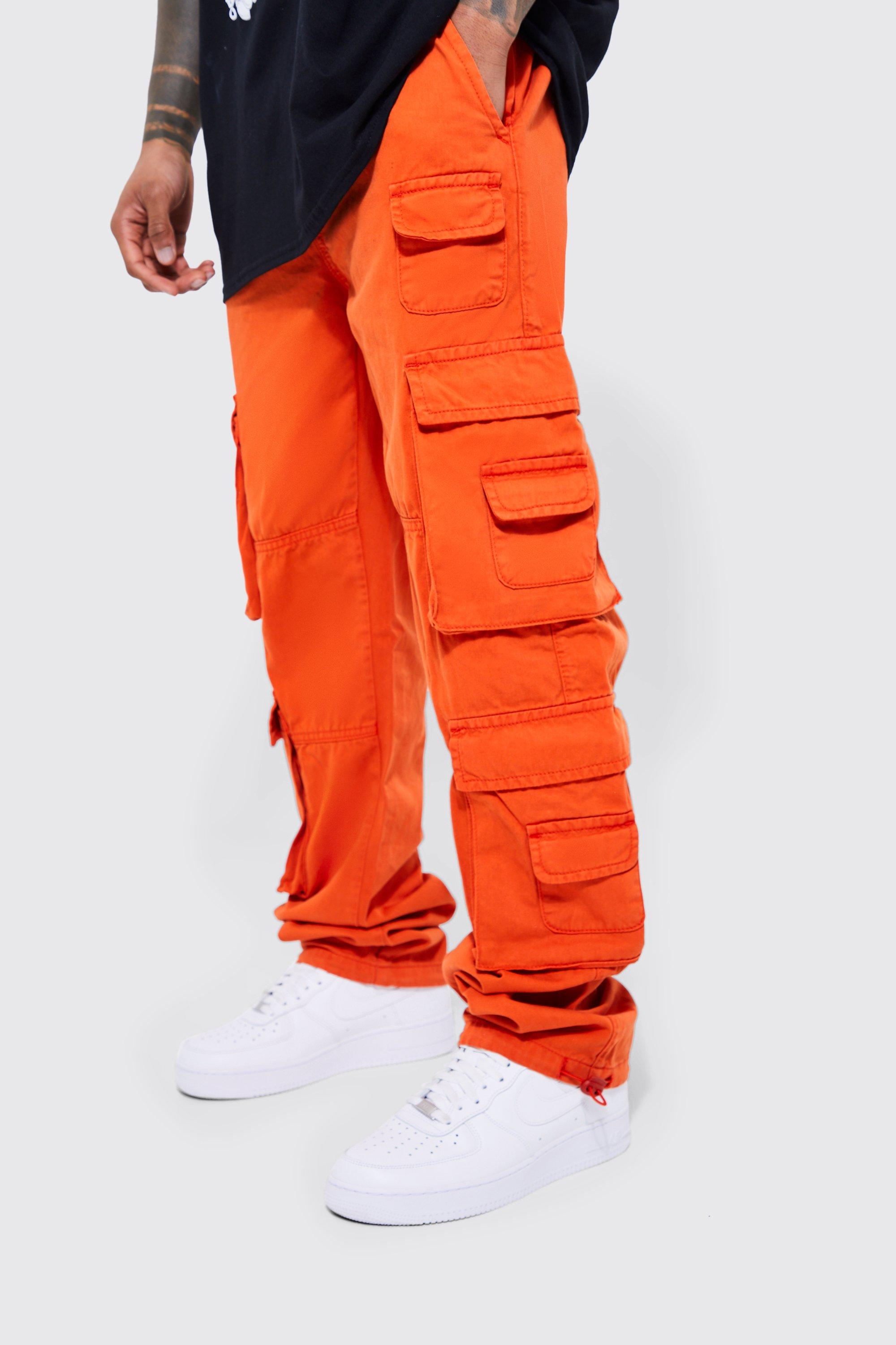 Mens Orange Elastic Waist Extreme Pocket Straight Fit Cargo Trousers, Orange