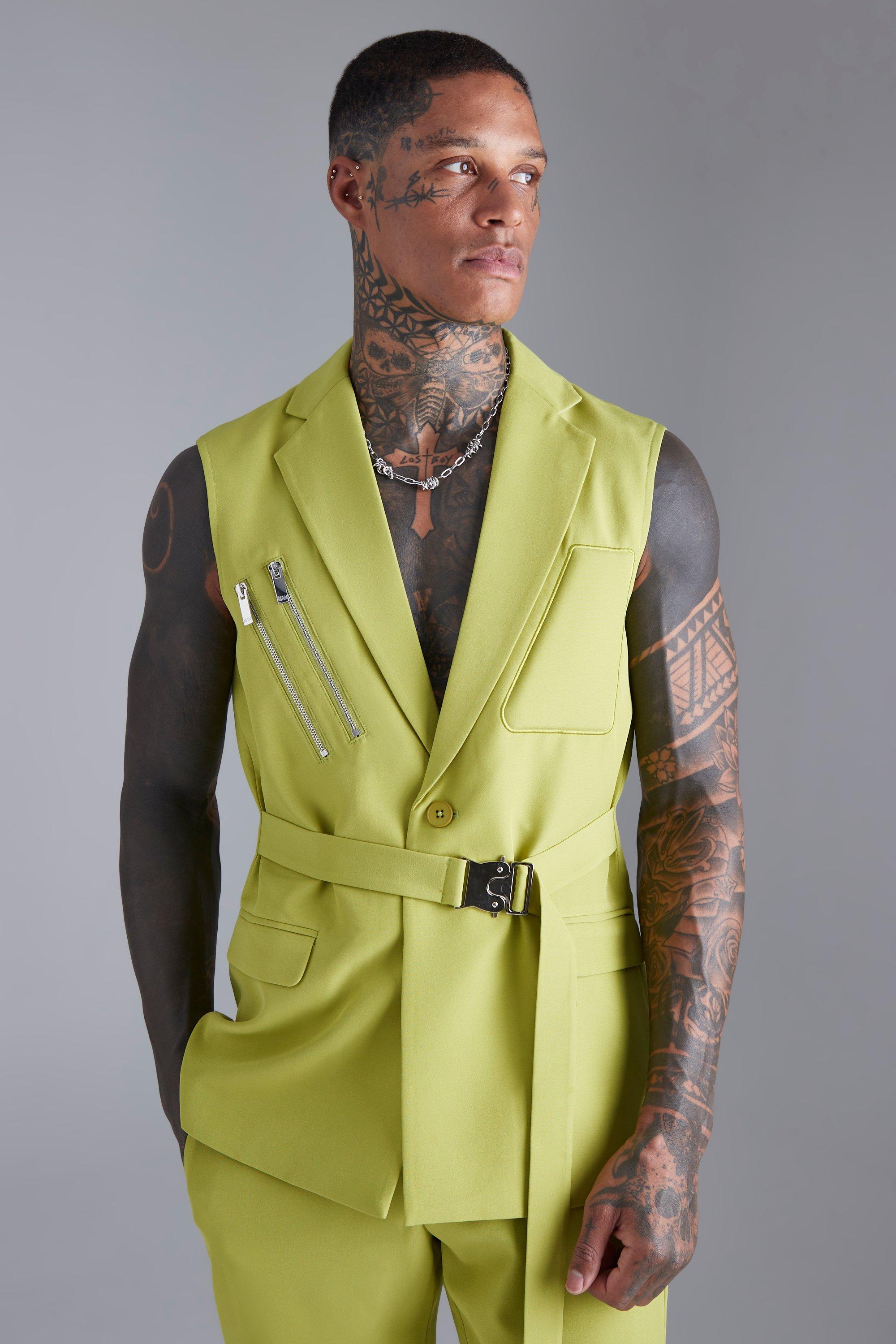 Mens Green Single Breasted Sleeveless Suit Jacket, Green