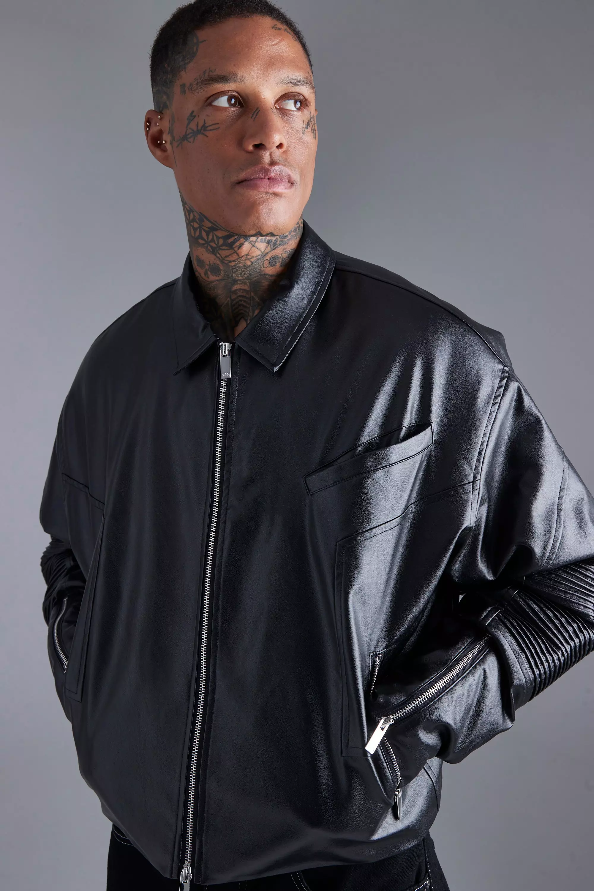 Boxy Pu Harrington With Biker Detail boohooMAN USA