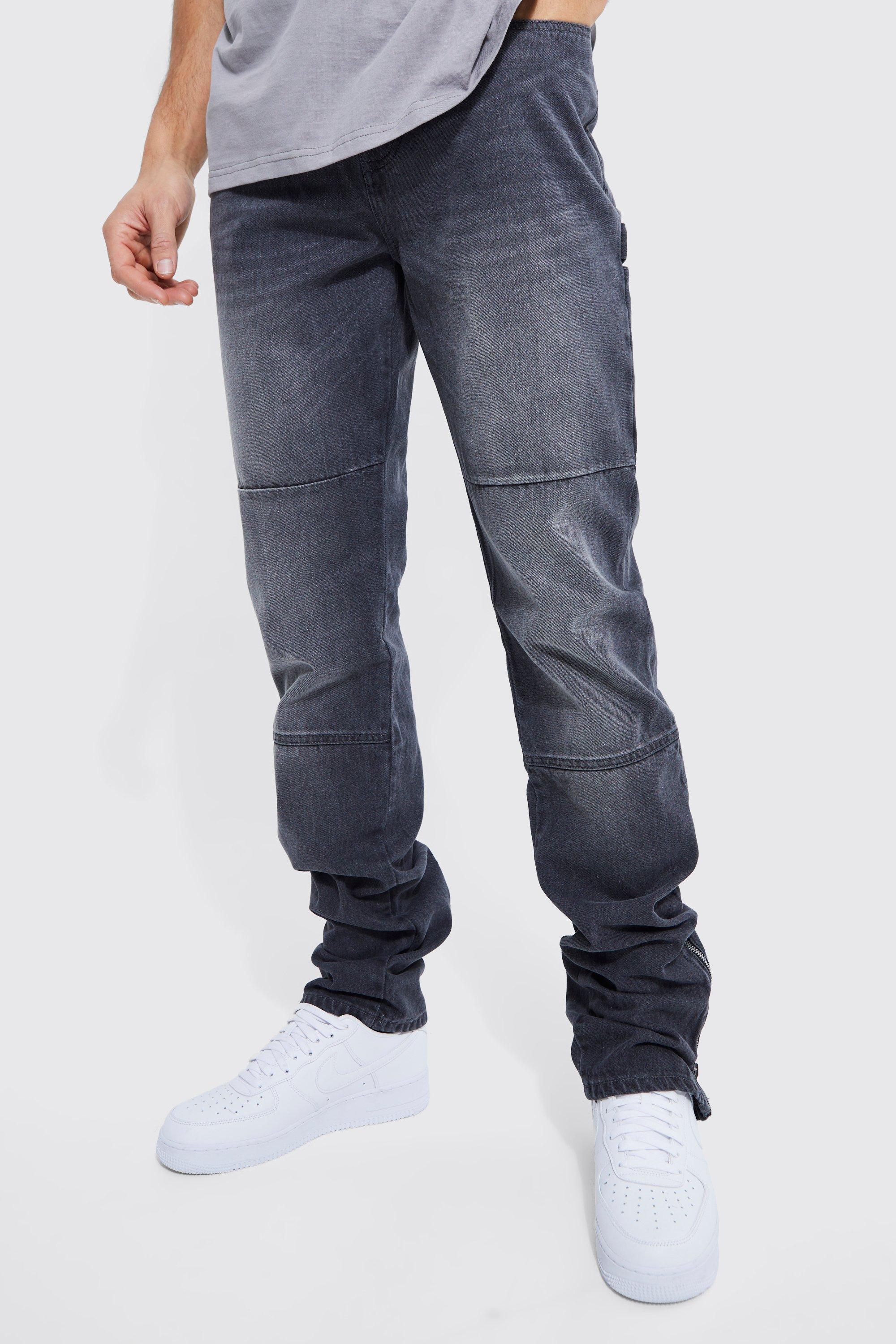 Mens Grey Tall Straight Fit Stacked Zip Hem Jean, Grey