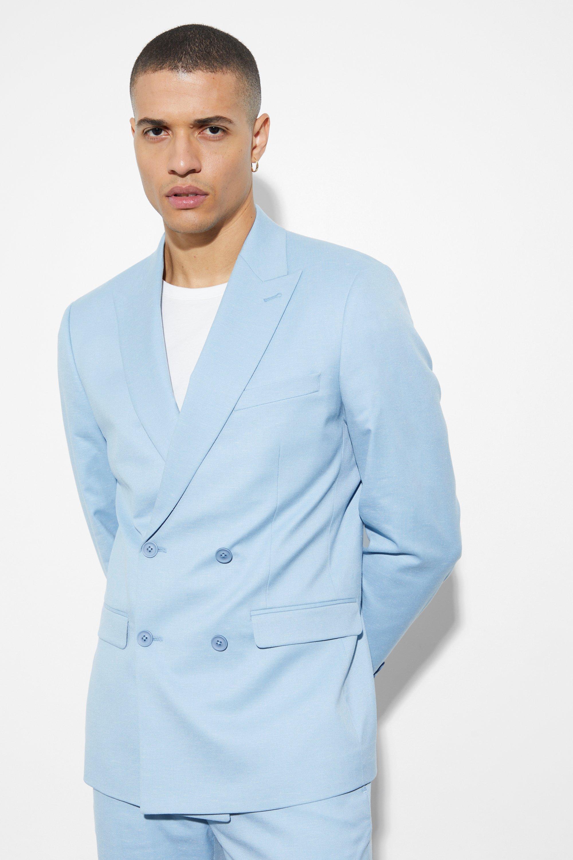 Mens Blue Slim Double Breasted Linen Suit Jacket, Blue