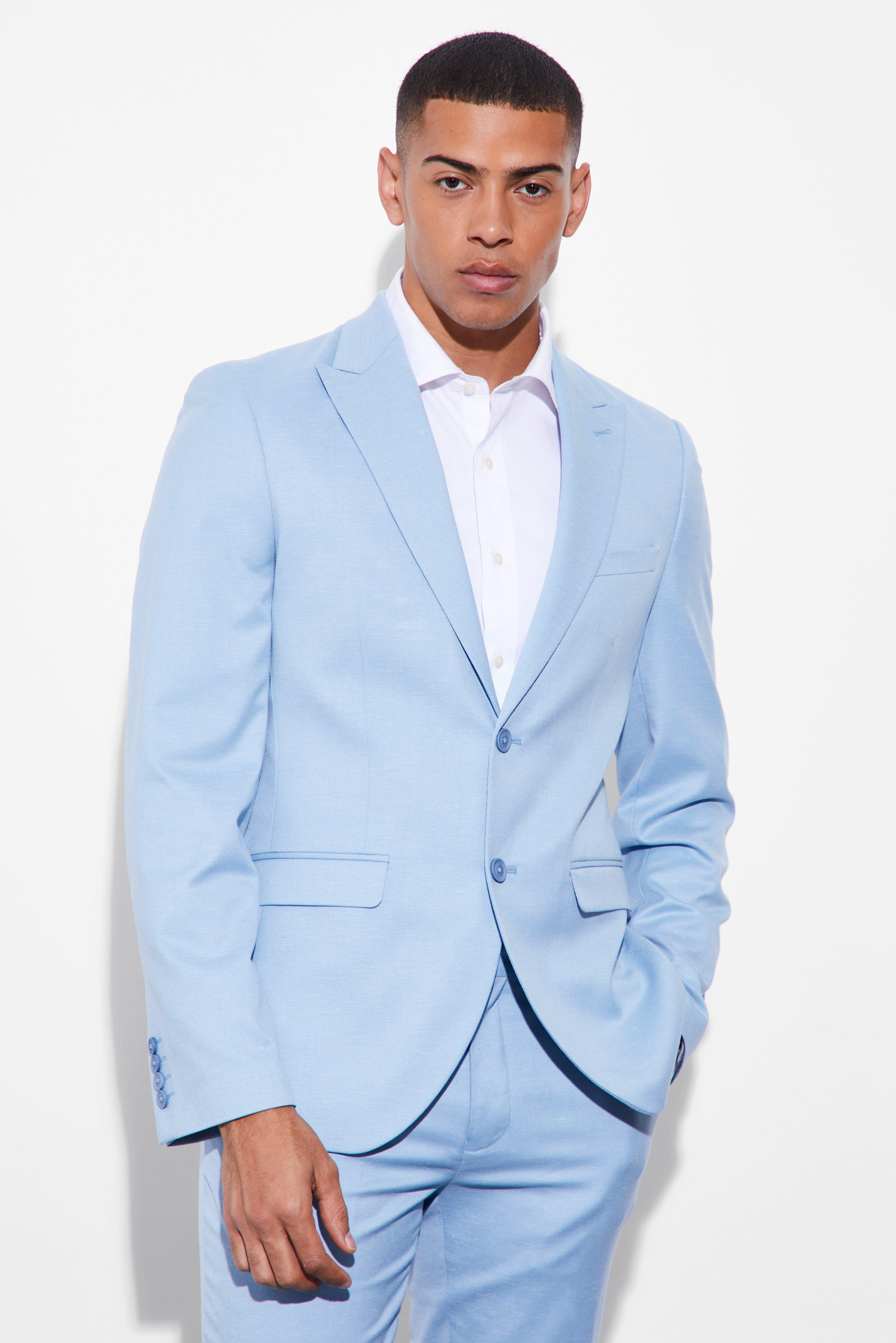 Mens Blue Slim Single Breasted Linen Suit Jacket, Blue