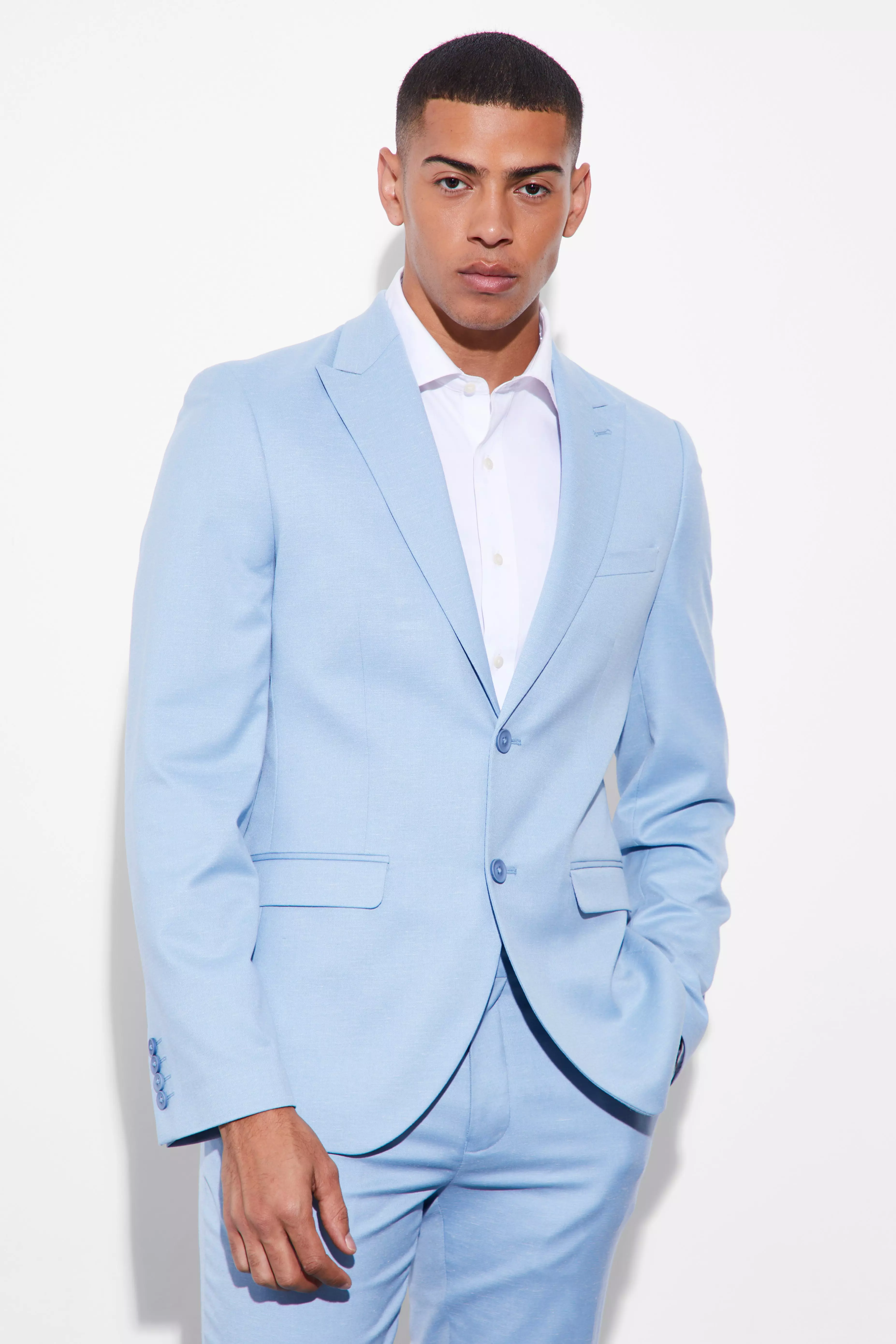 Blue Linen.  Blue blazer outfit men, Blue blazer men, Light blue