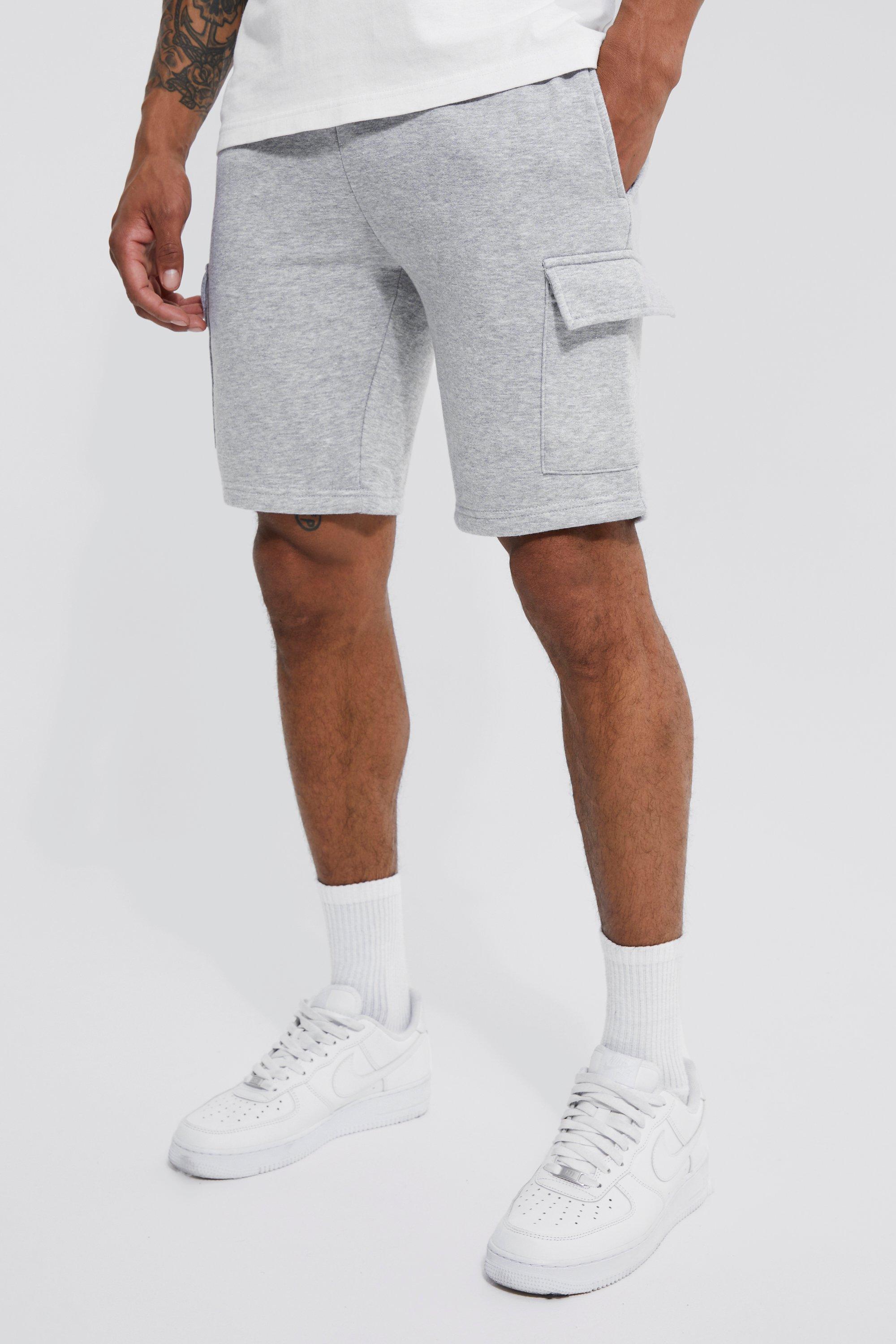 men's basic slim fit mid length jersey cargo short - grey - s, grey