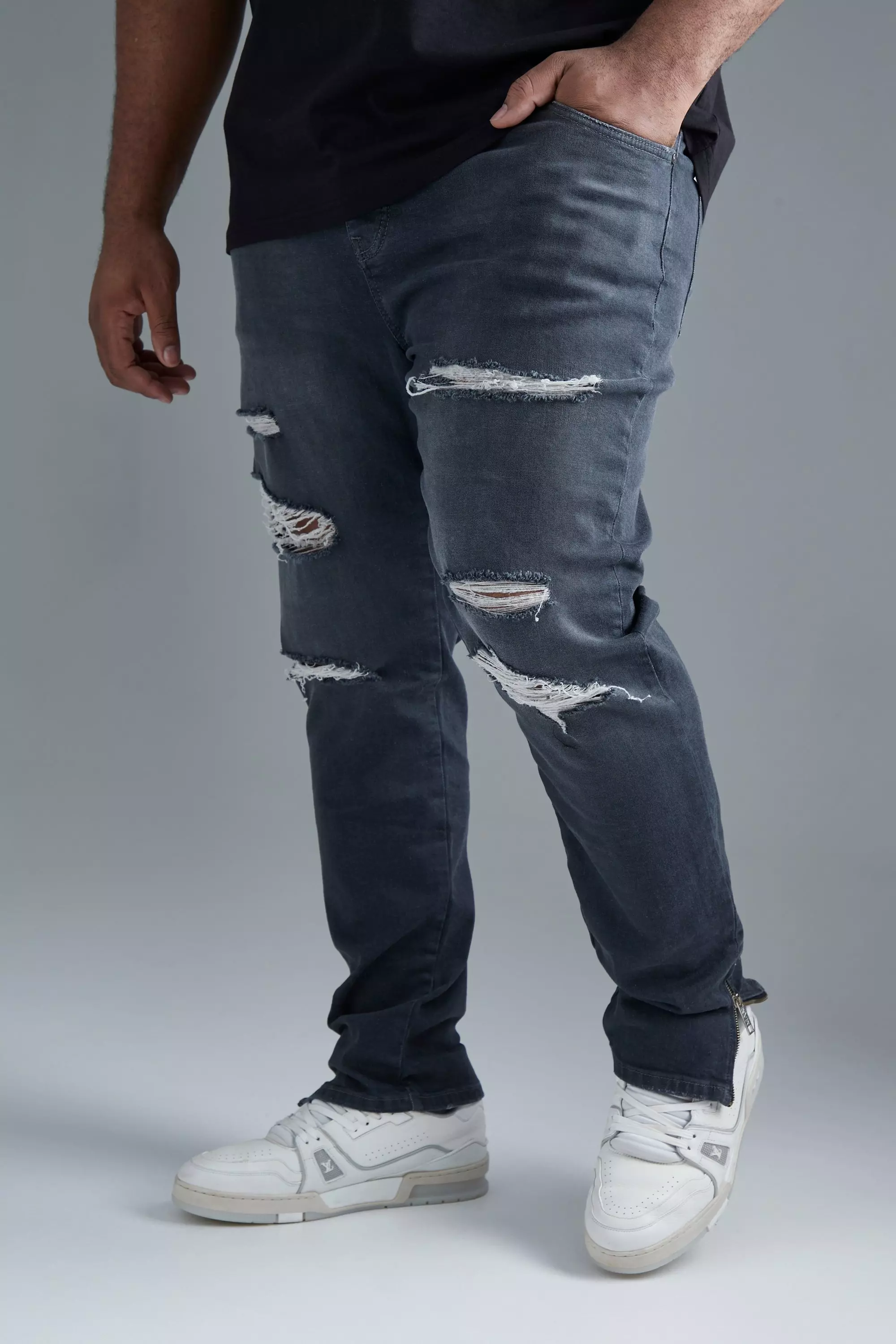 Raad eens Echt niet Aanzienlijk Plus Gescheurde Stretch Skinny Jeans Met Rits | boohooMAN