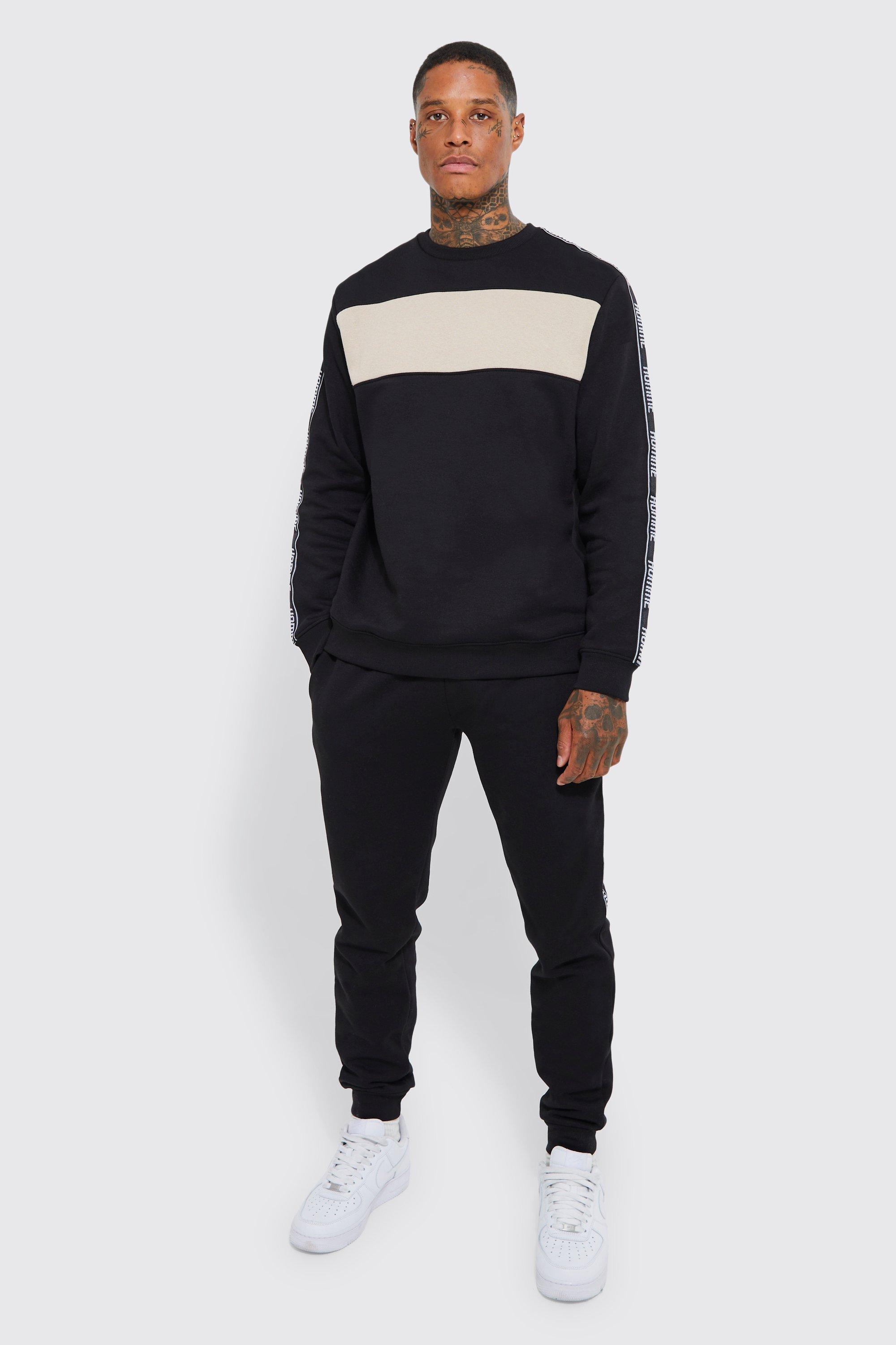 men's homme colour block tape sweatshirt tracksuit - black - m, black