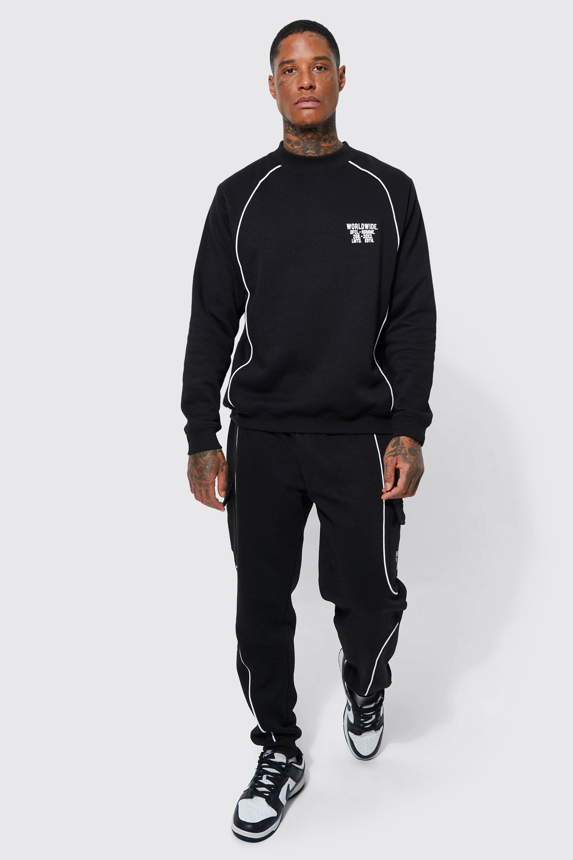 Mens Black Extended Neck Piping Sweatshirt Tracksuit, Black