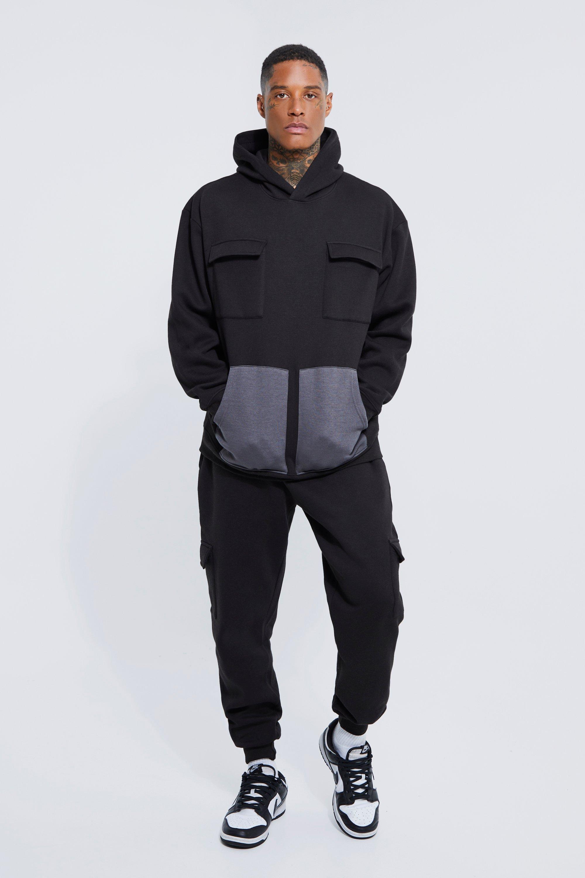 Mens Black Oversized Cargo Worker Panel Hooded Tracksuit, Black