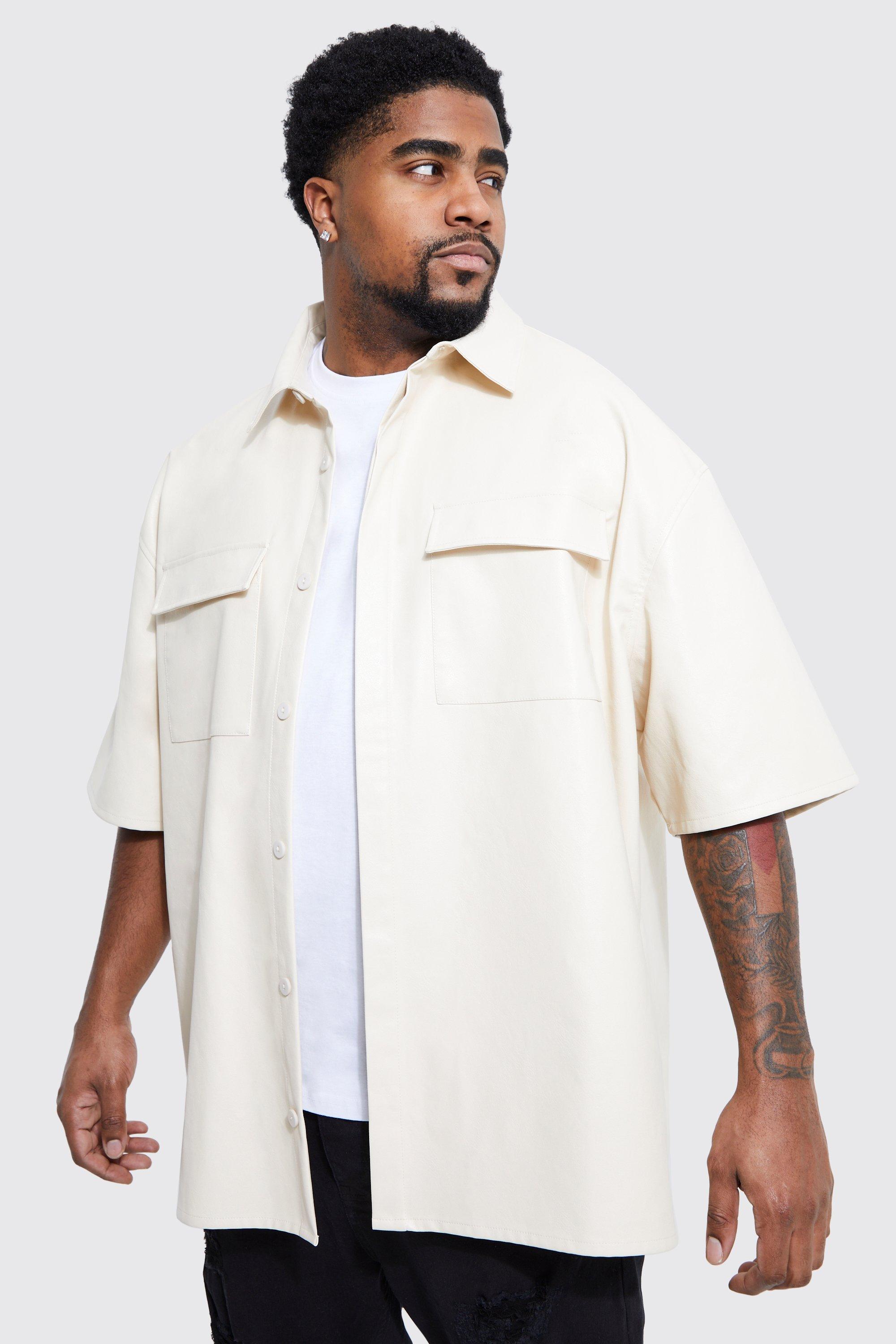 men's plus short sleeve boxy oversized pu shirt - beige - xxxl, beige