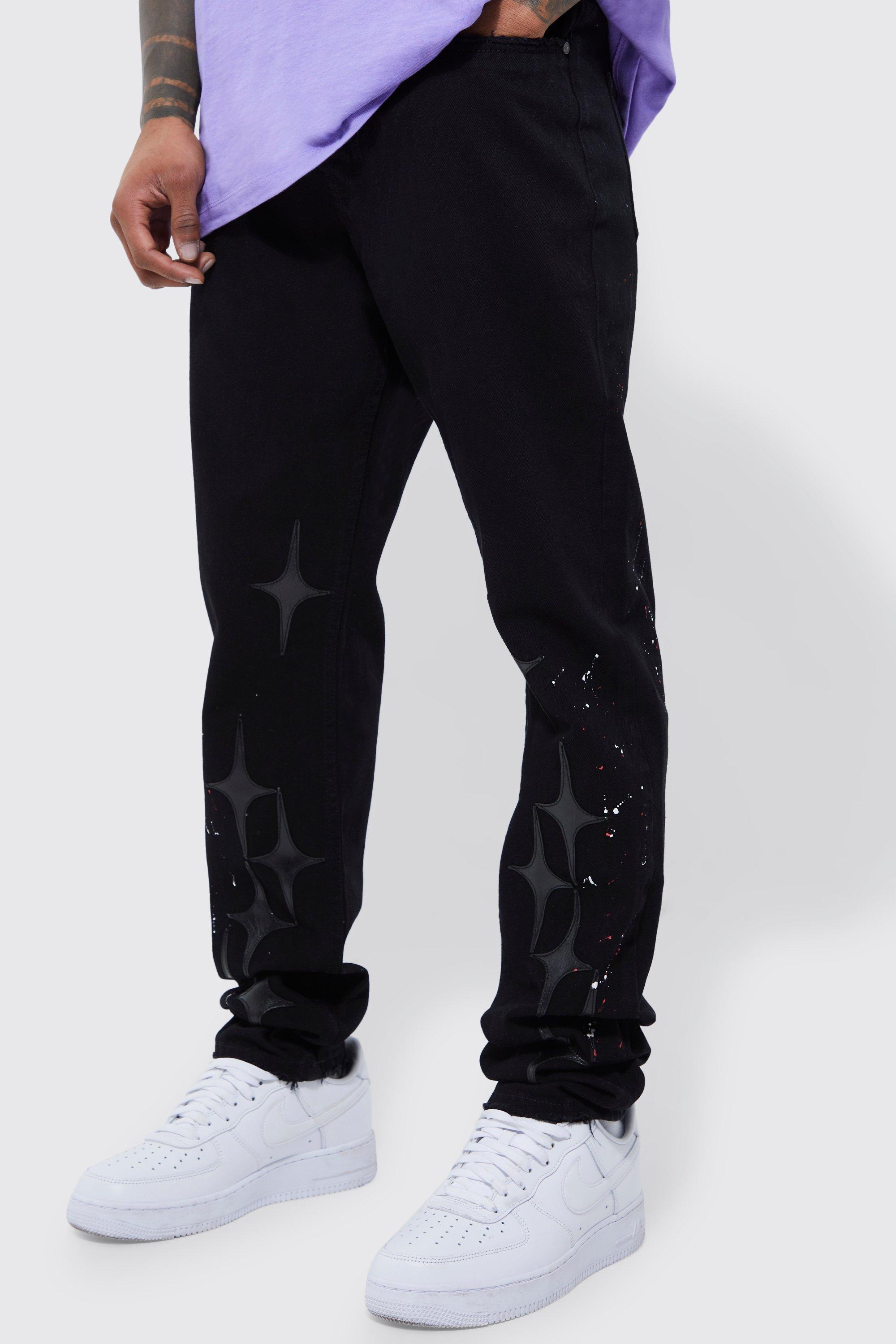 Image of Jeans Slim Fit in PU con applique a stella, Nero