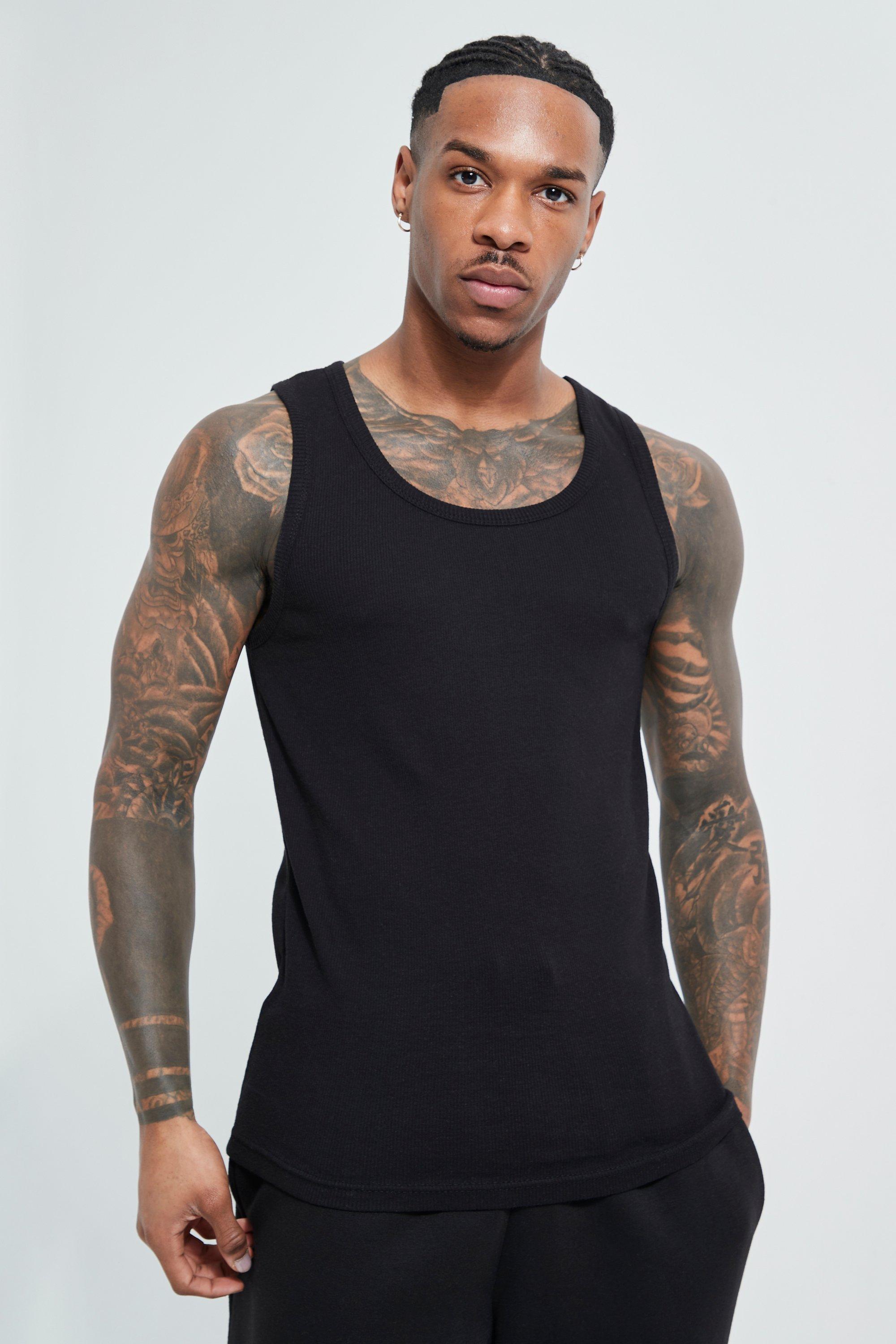 Mens Black Basic Muscle Fit Ribbed Vest, Black