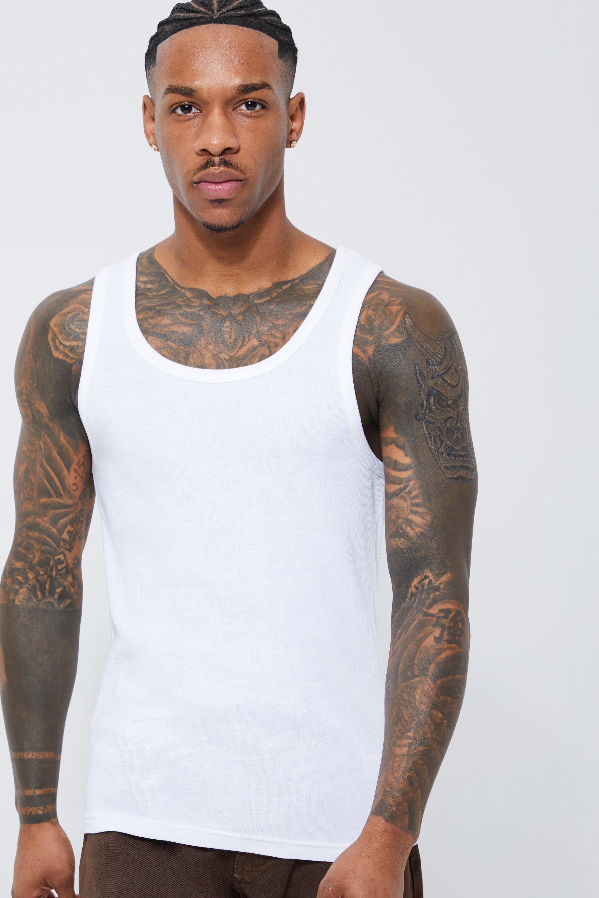 Mens White Basic Slim Fit Ribbed Vest, White